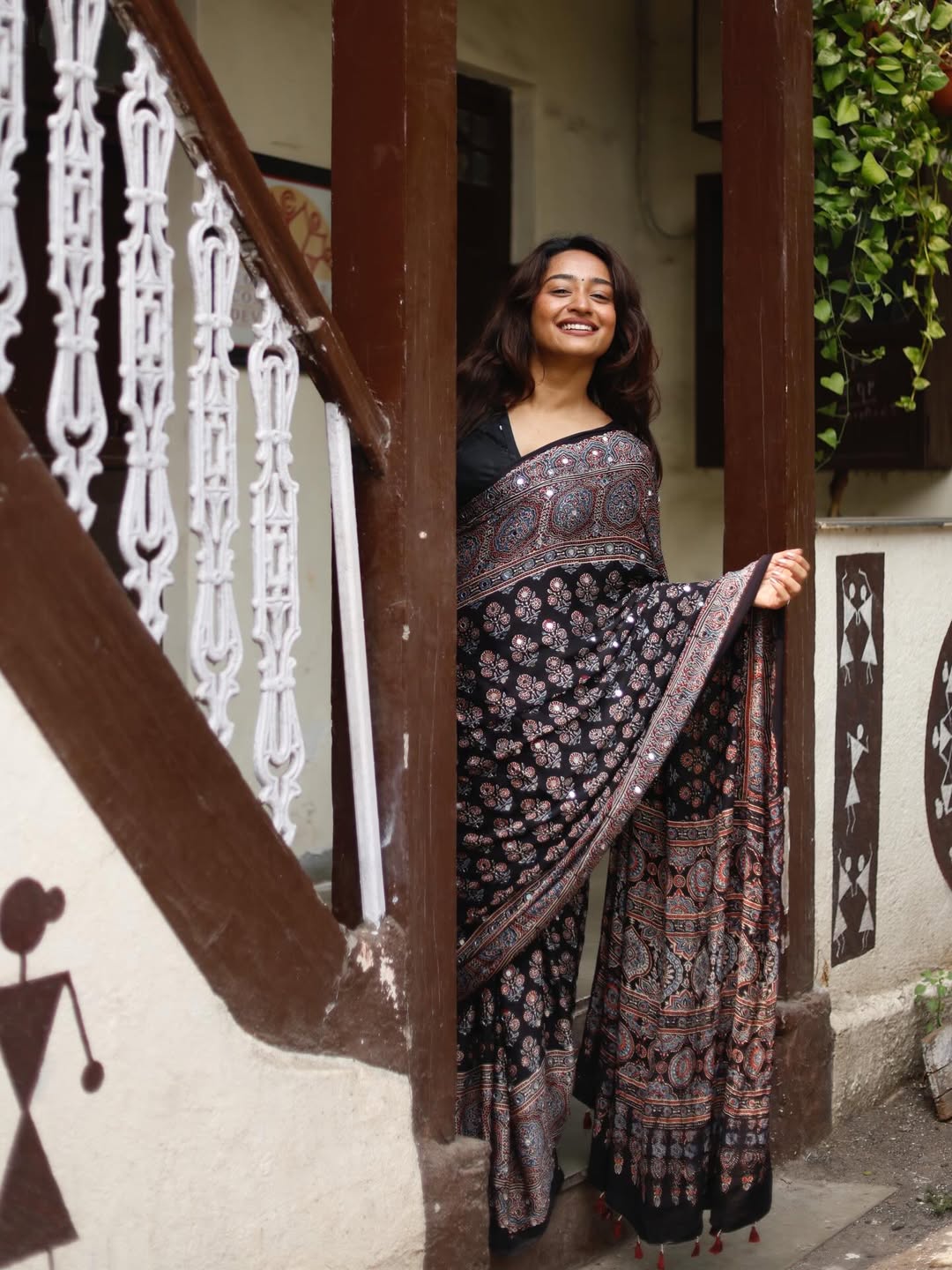 Black Ajrakh Printed Modal Silk Saree with Tassels & Attached Blouse | Traditional Ethnic & Festive Wear Saree