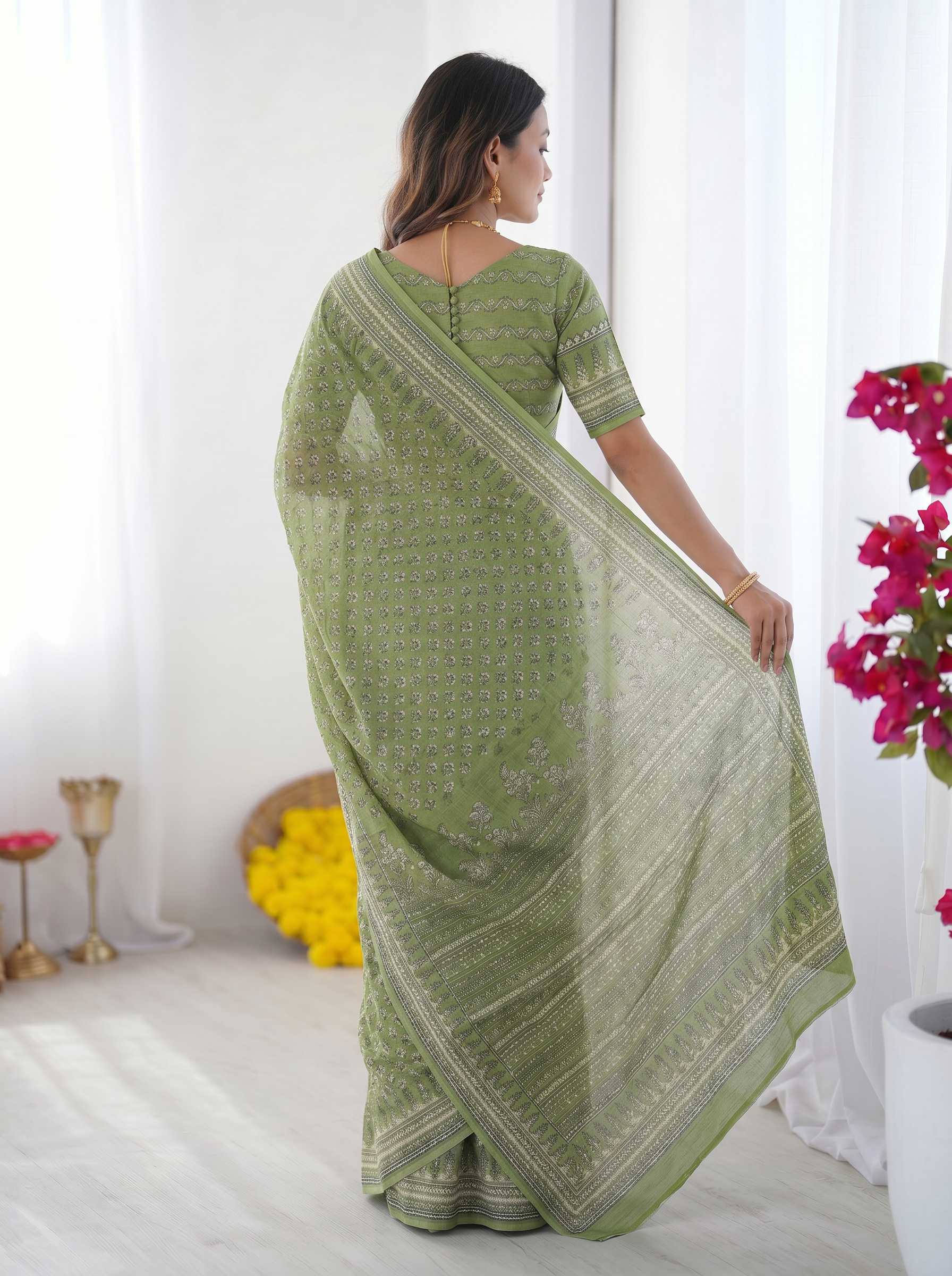 Sage Green Modal Silk Saree with Delicate Floral Butti Prints, Traditional Heritage Border & Elegant Designer Pallu