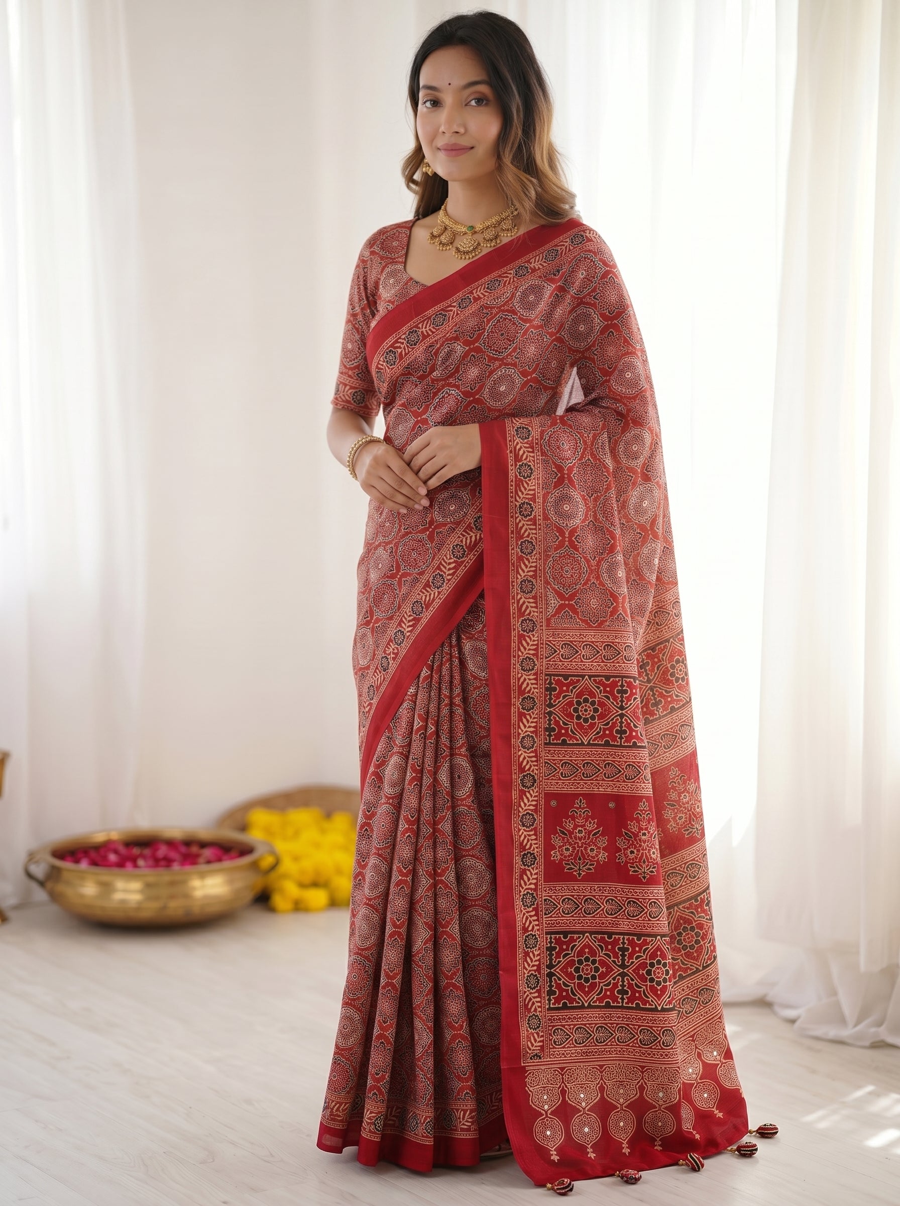 Ajrakh Inspired Print Ruby Red Pure Modal Silk Saree with Heritage & Traditional Designer Pallu