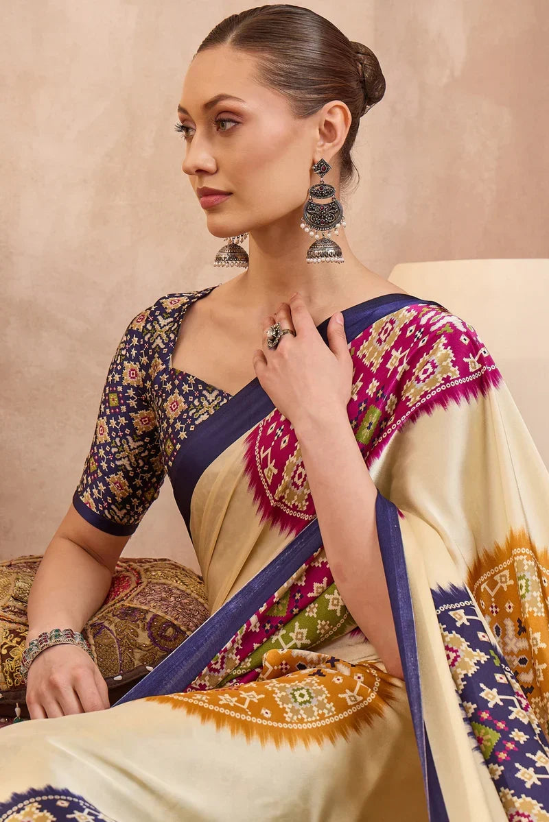 Cream Modal Silk Saree with Multicolor Patola-Inspired Print & Royal Purple Border | Designer Festive Wear Saree