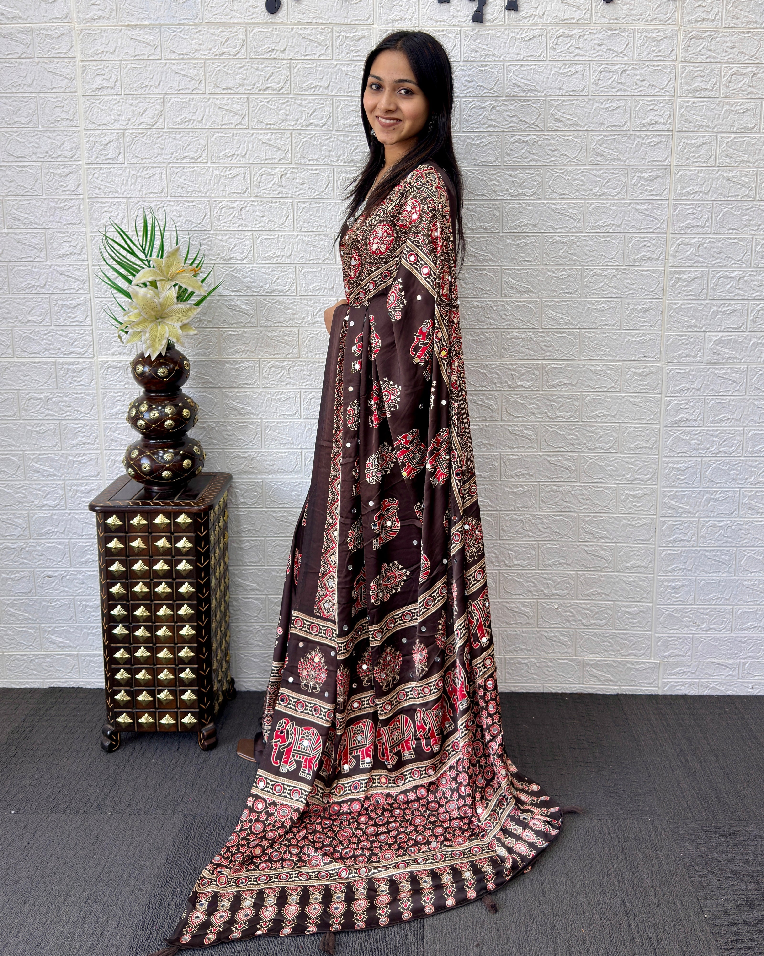 Chocolate Brown Modal Silk Saree with Elephant Motif Heritage Print & Designer Pallu | Traditional Festive Wear Saree