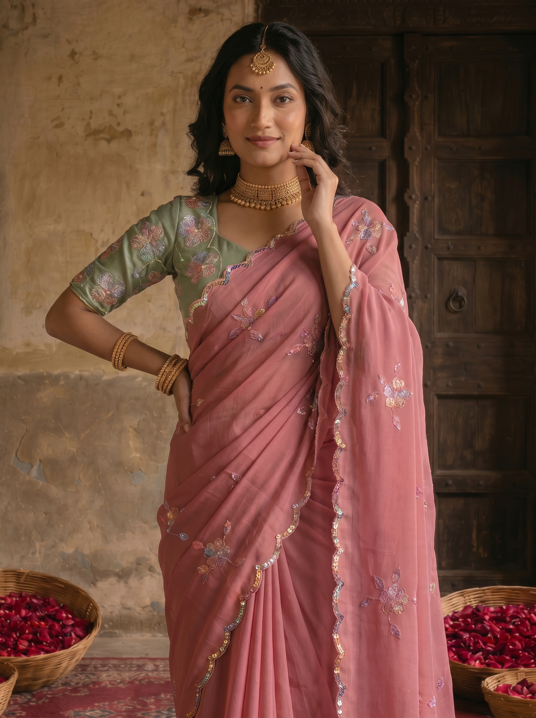 Dusty Rose Pink Georgette Embroidered Saree with Floral Sequin Work & Contrast Designer Blouse