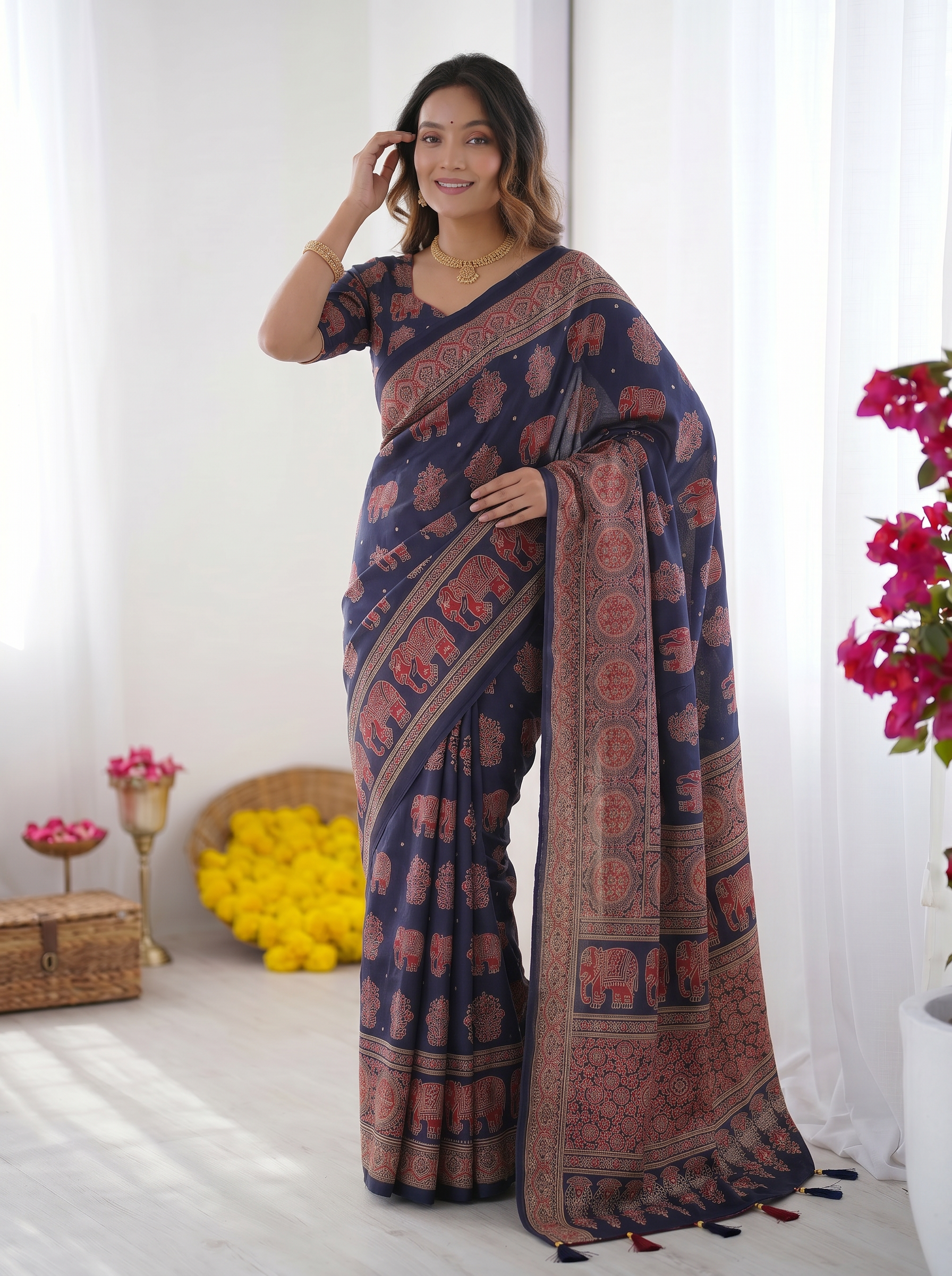 Navy Blue Modal Silk Saree with Elephant Motif Ajrakh Print & Heritage Designer Pallu | Traditional Festive Wear Saree