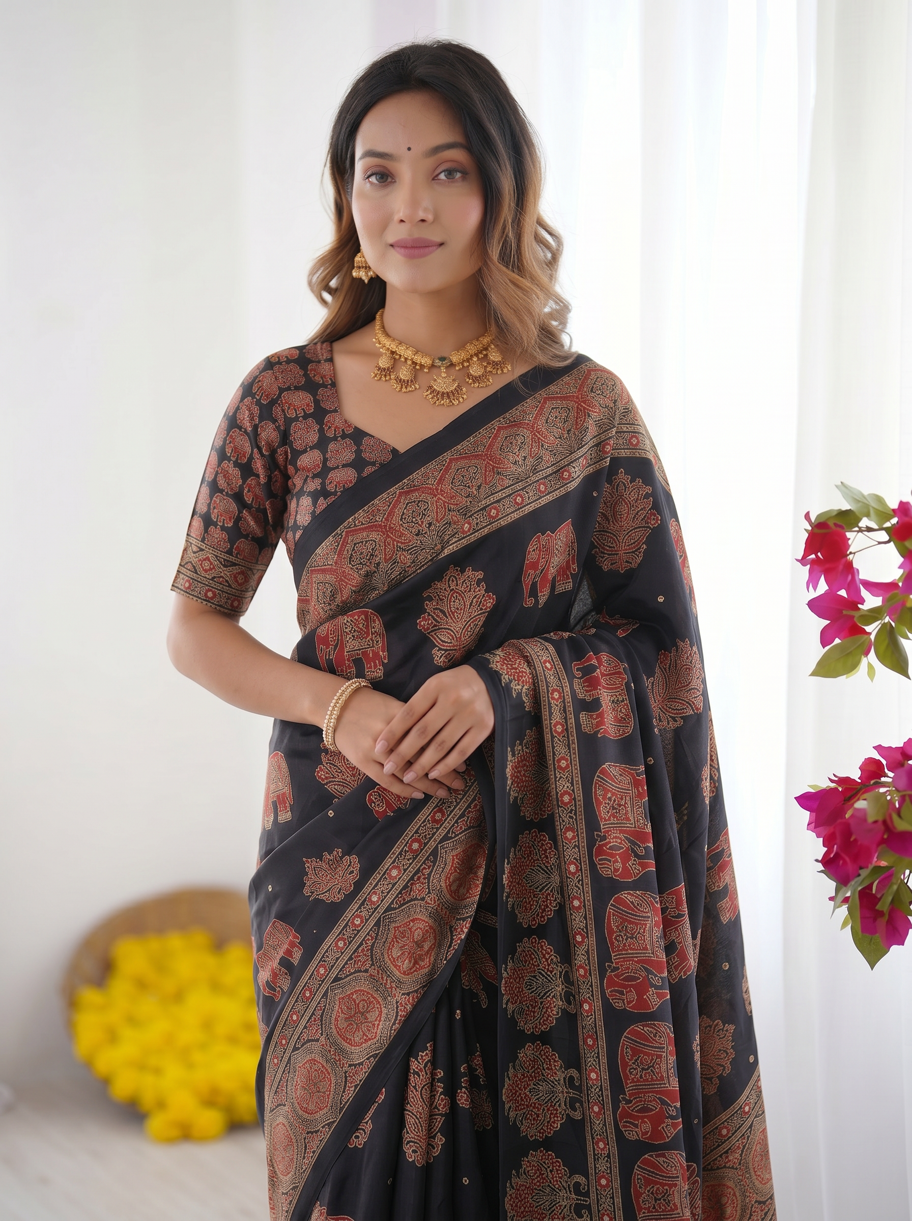 Black Modal Silk Saree with Elephant Motif Ajrakh Print & Heritage Designer Pallu | Traditional Festive Wear Saree