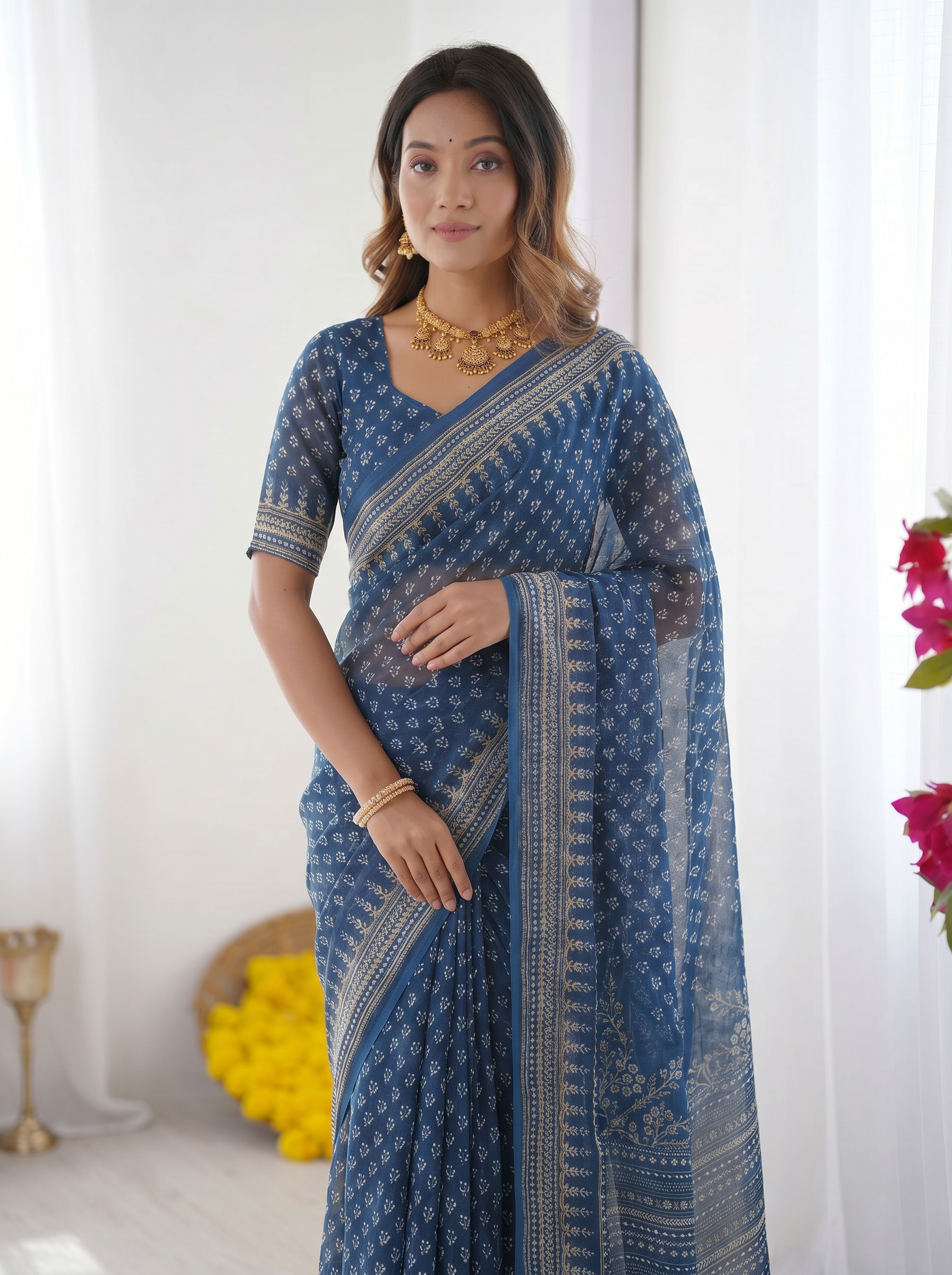 Steel Blue Modal Silk Saree with Delicate Floral Butti Prints, Traditional Heritage Border & Elegant Designer Pallu