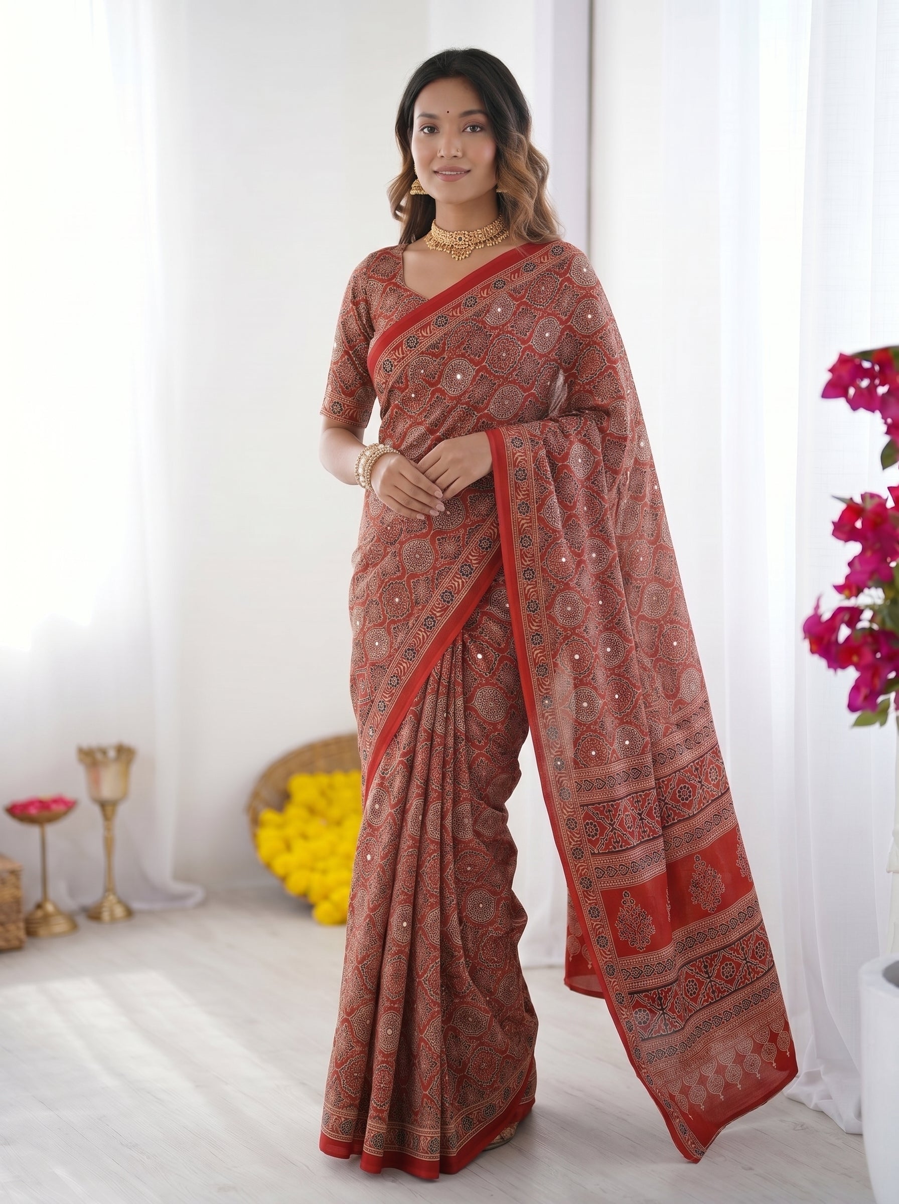 Rustic Brick Red Modal Silk Saree with Heritage Geometric Motifs, Traditional Designer Border & Artistic Pallu