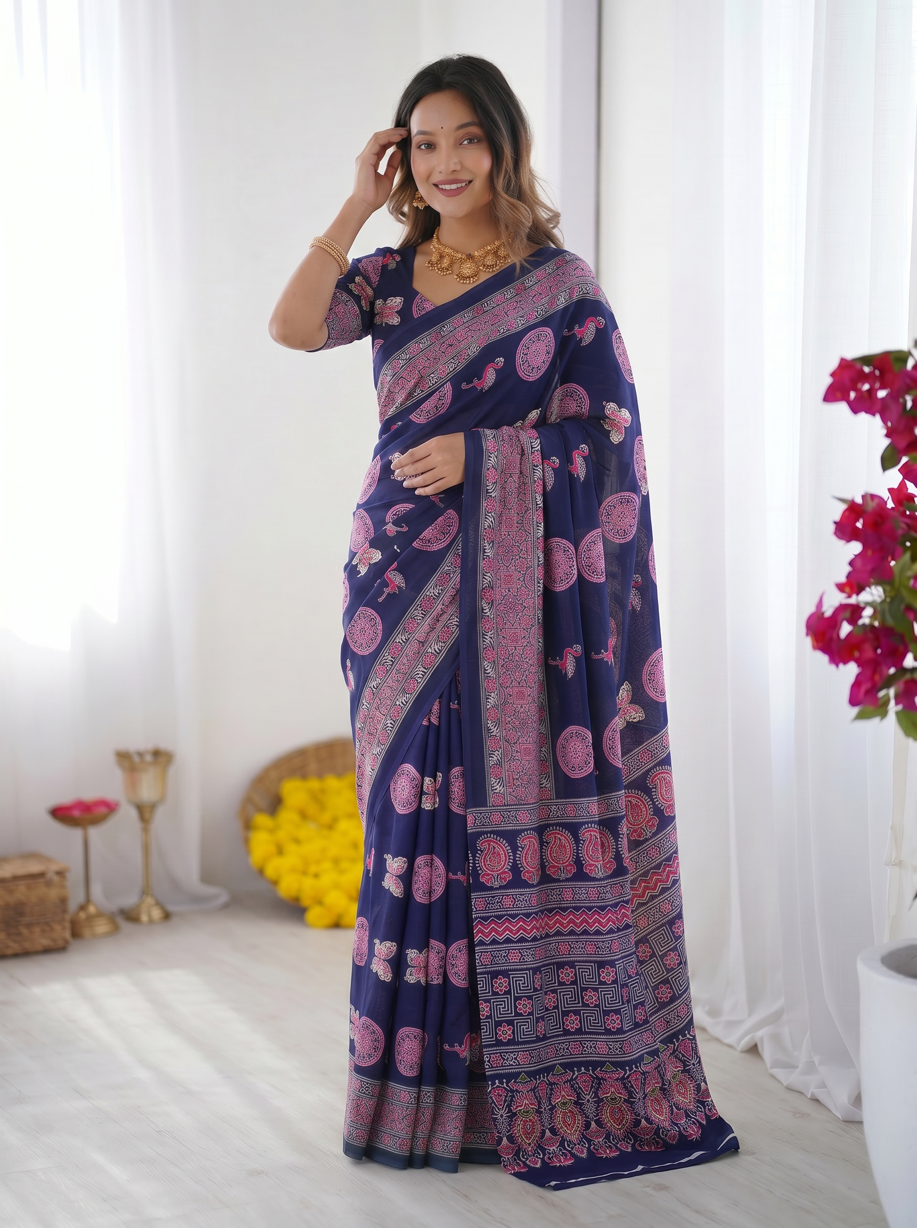 Navy Blue Modal Silk Saree with Paisley & Circular Motif Print | Designer Heritage Pallu Saree for Festive Wear
