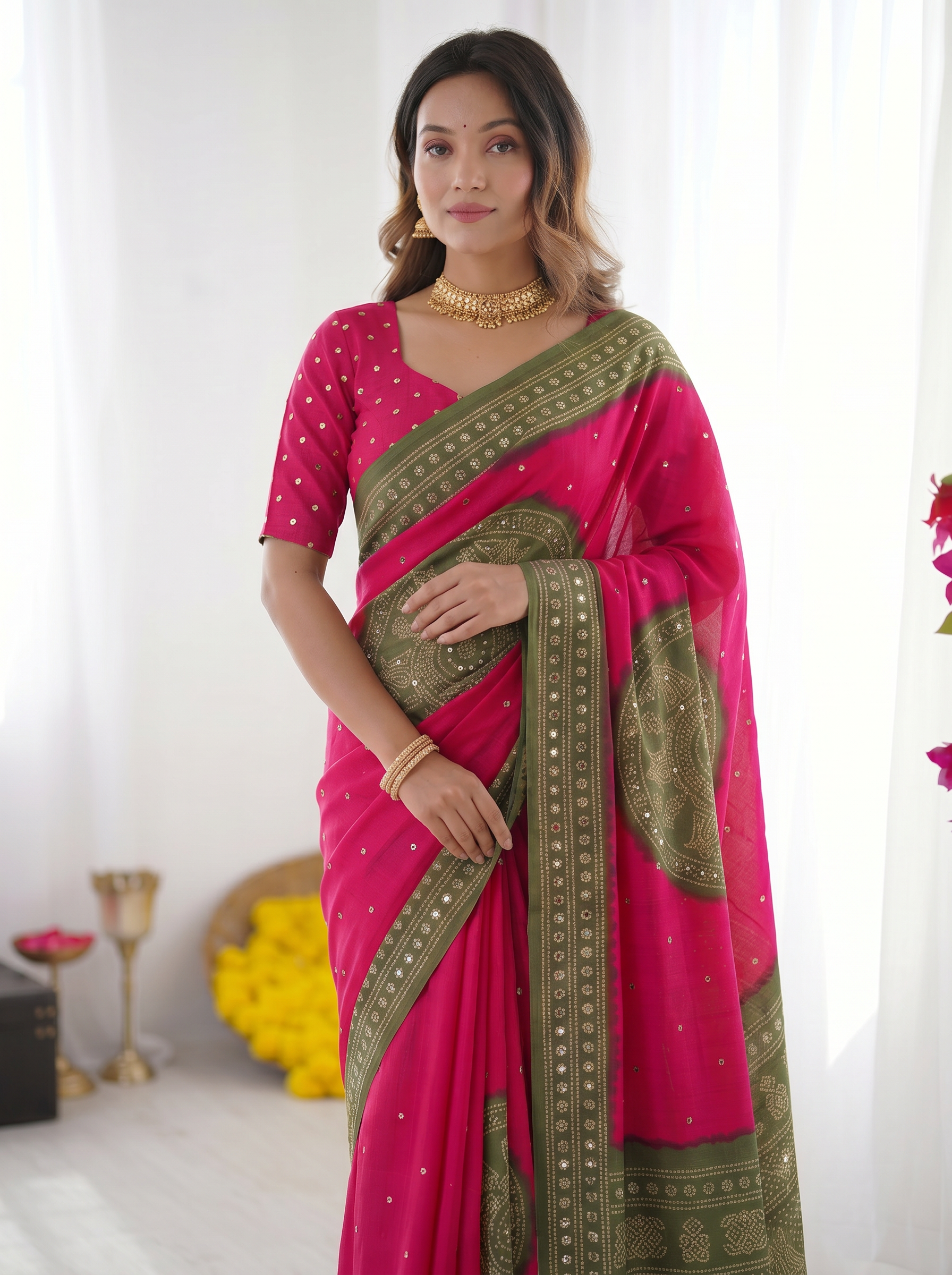 Rani Pink & Olive Green Bandhani Inspired Modal Silk Saree with Traditional Folk Print Pallu & Stone Embellishments