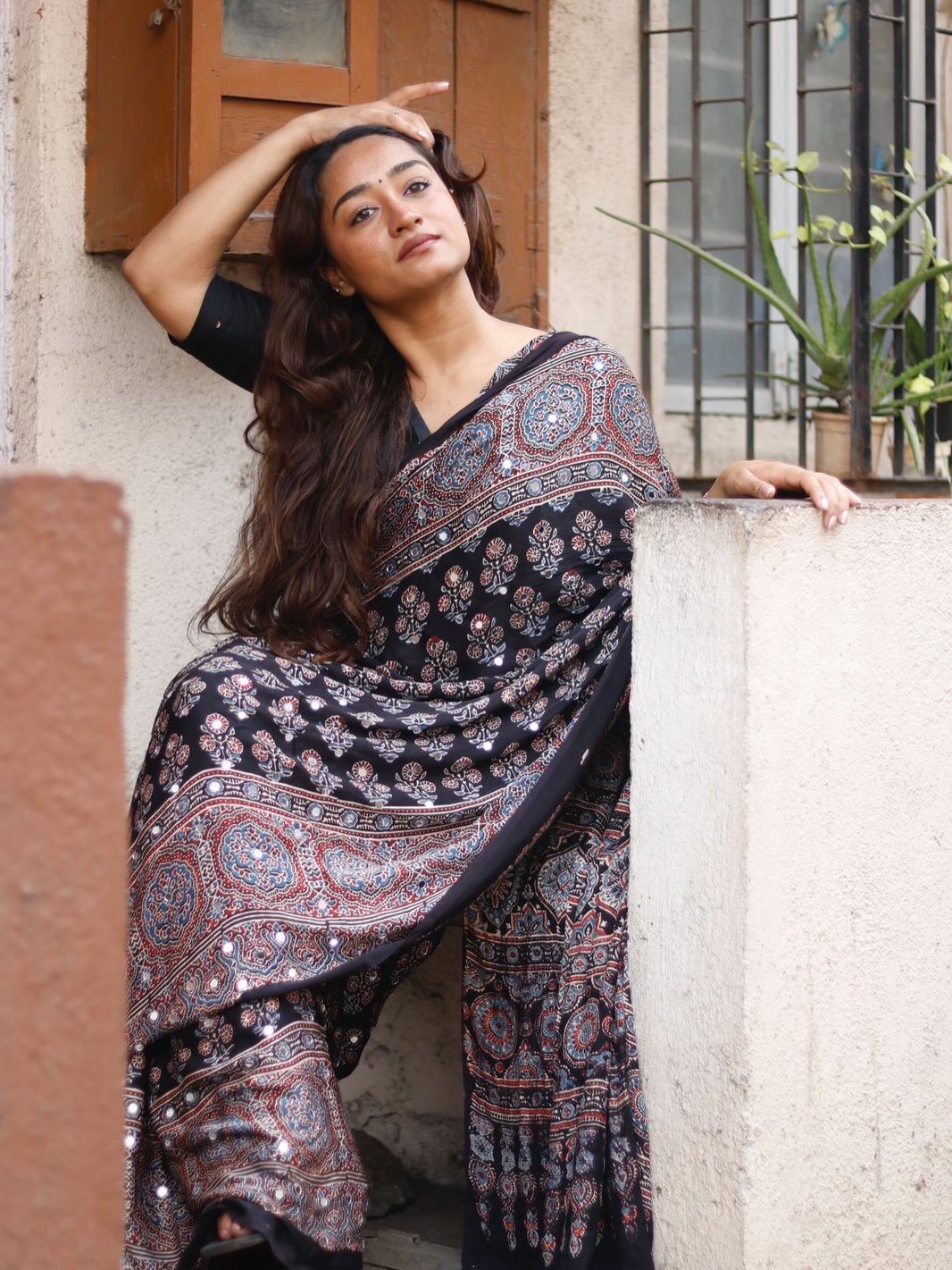 Black Ajrakh Printed Modal Silk Saree with Tassels & Attached Blouse | Traditional Ethnic & Festive Wear Saree
