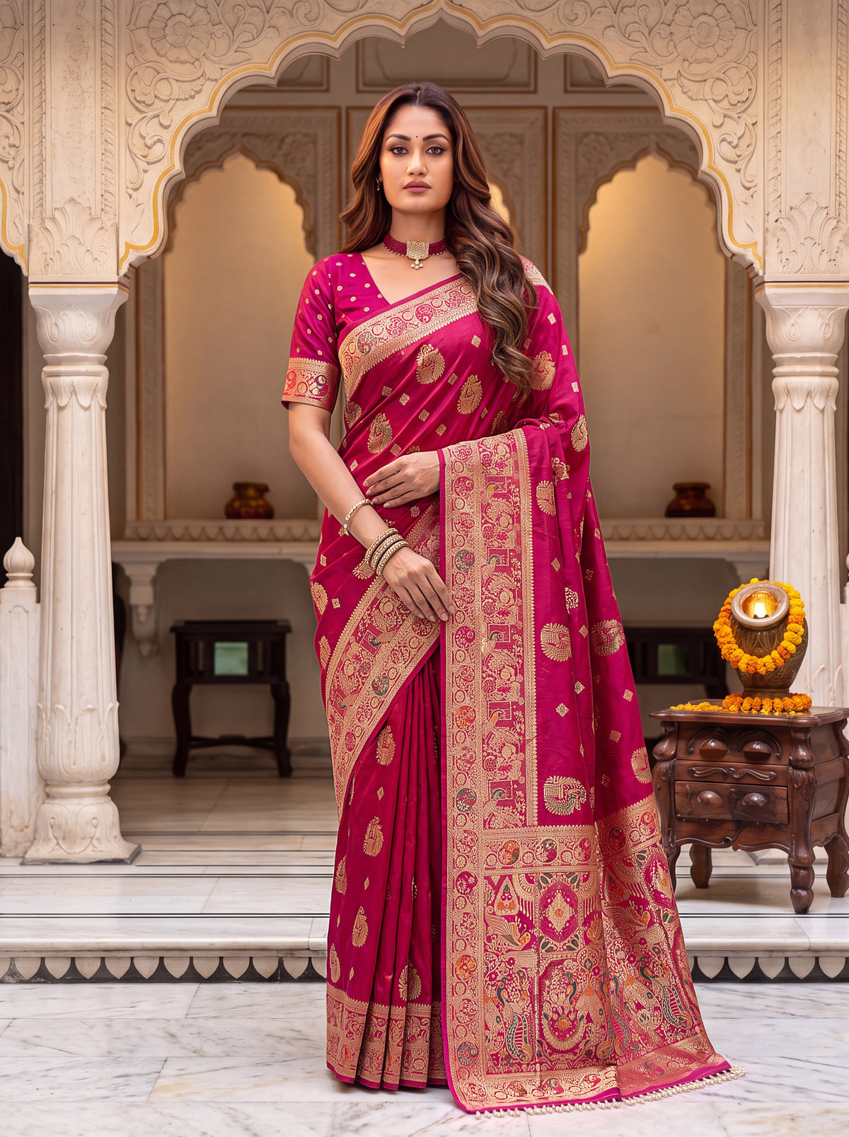 Royal Cherry Banarasi Silk Collectio Saree – Designer Festiven