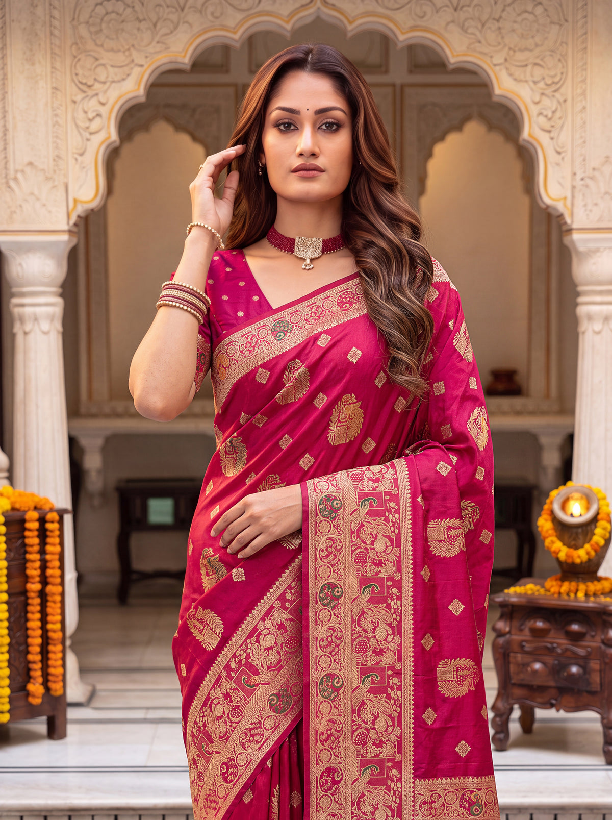 Royal Cherry Banarasi Silk Collectio Saree – Designer Festiven