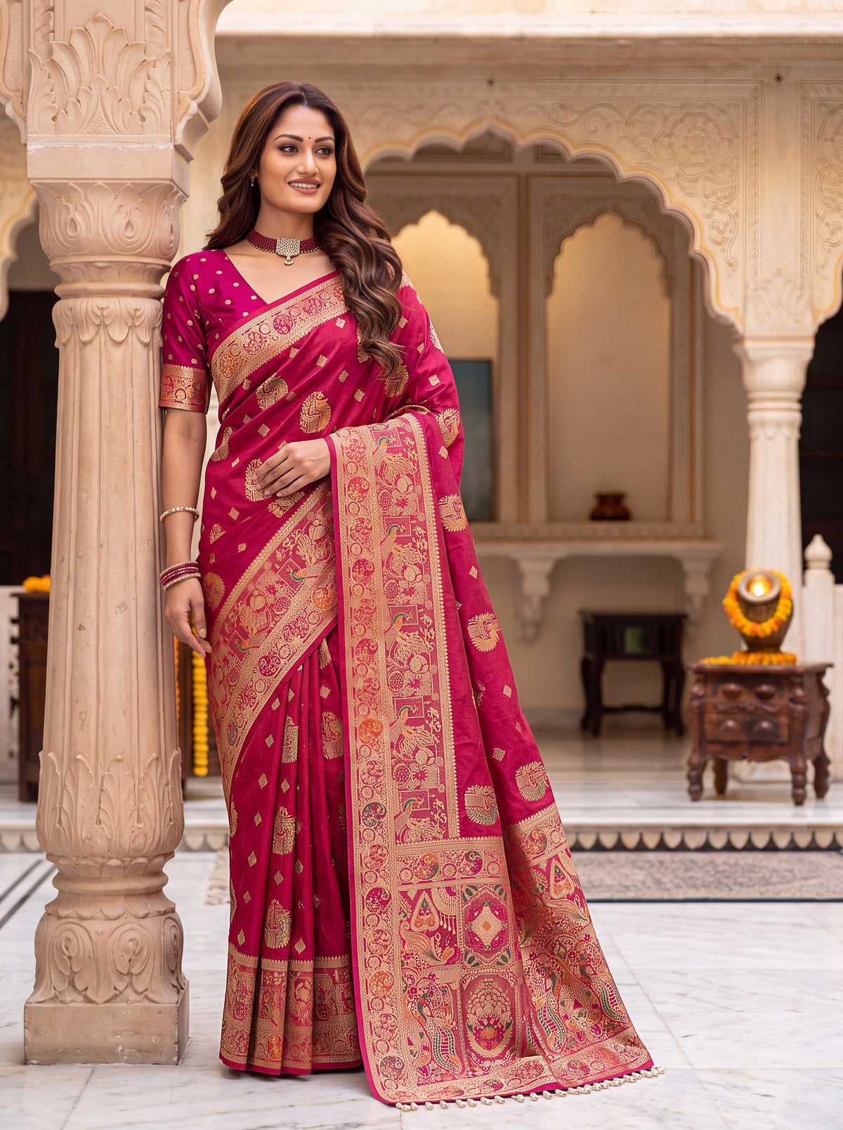Royal Cherry Banarasi Silk Collectio Saree – Designer Festiven