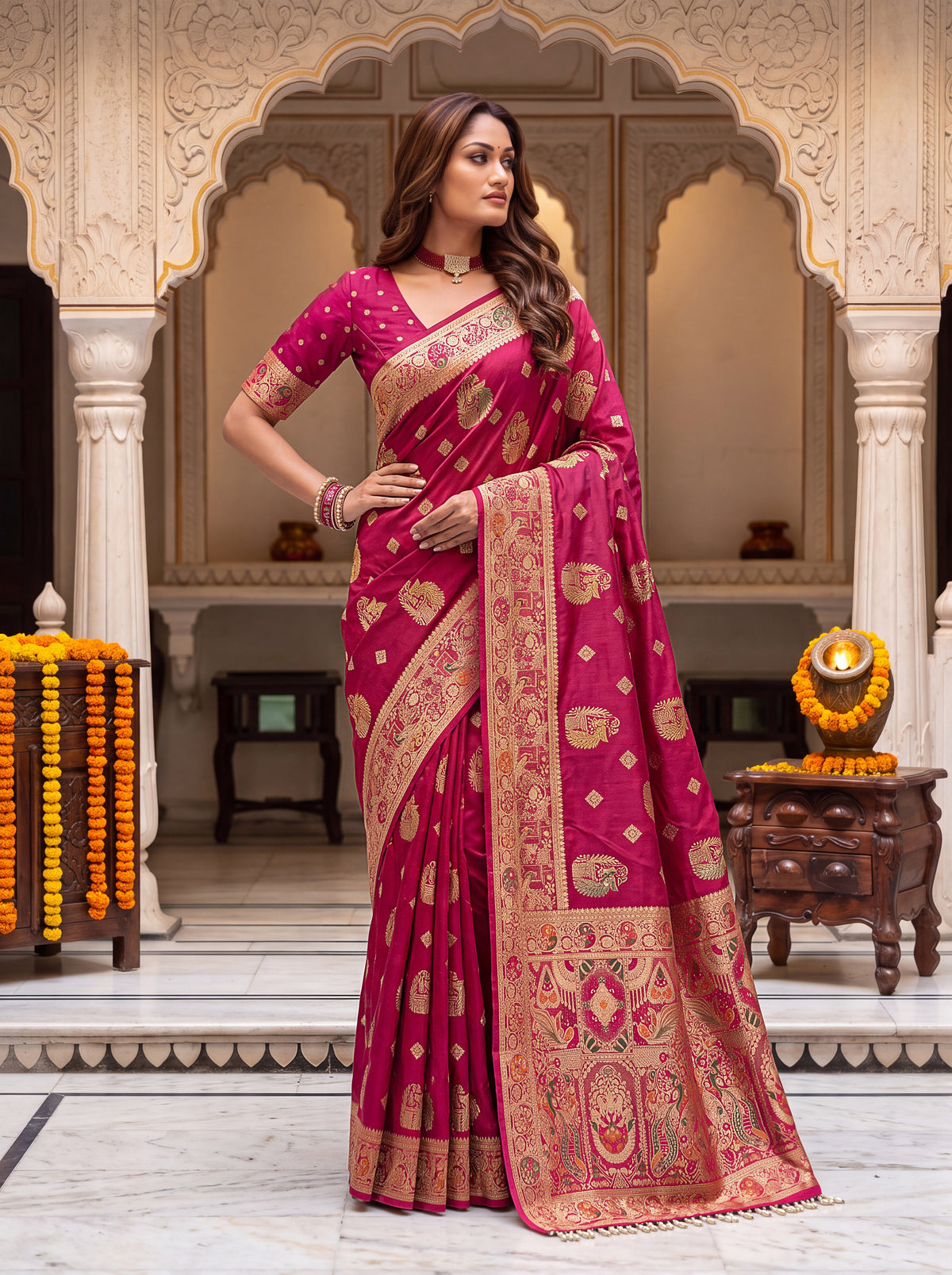 Royal Cherry Banarasi Silk Collectio Saree – Designer Festiven