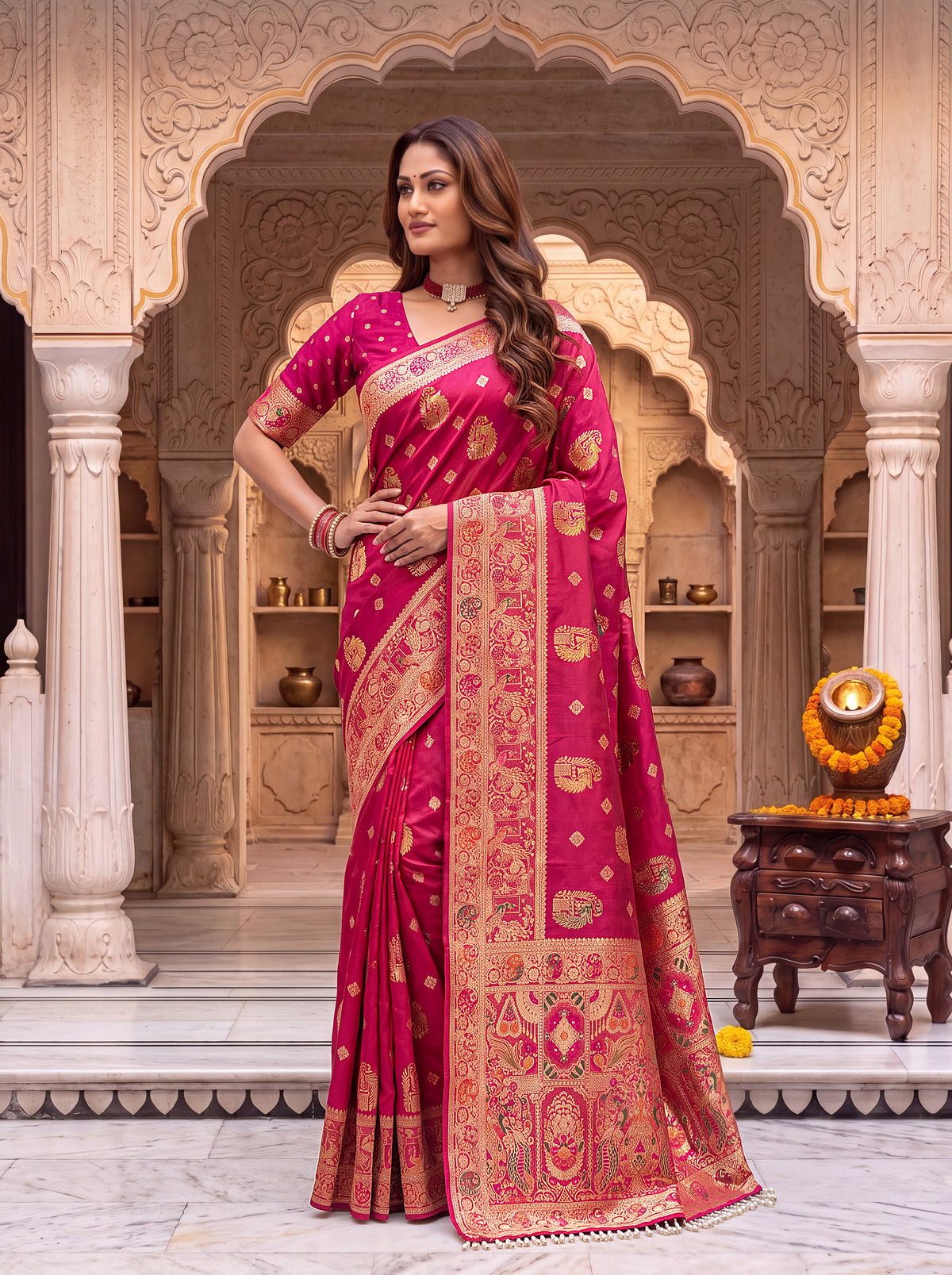 Royal Cherry Banarasi Silk Collectio Saree – Designer Festiven