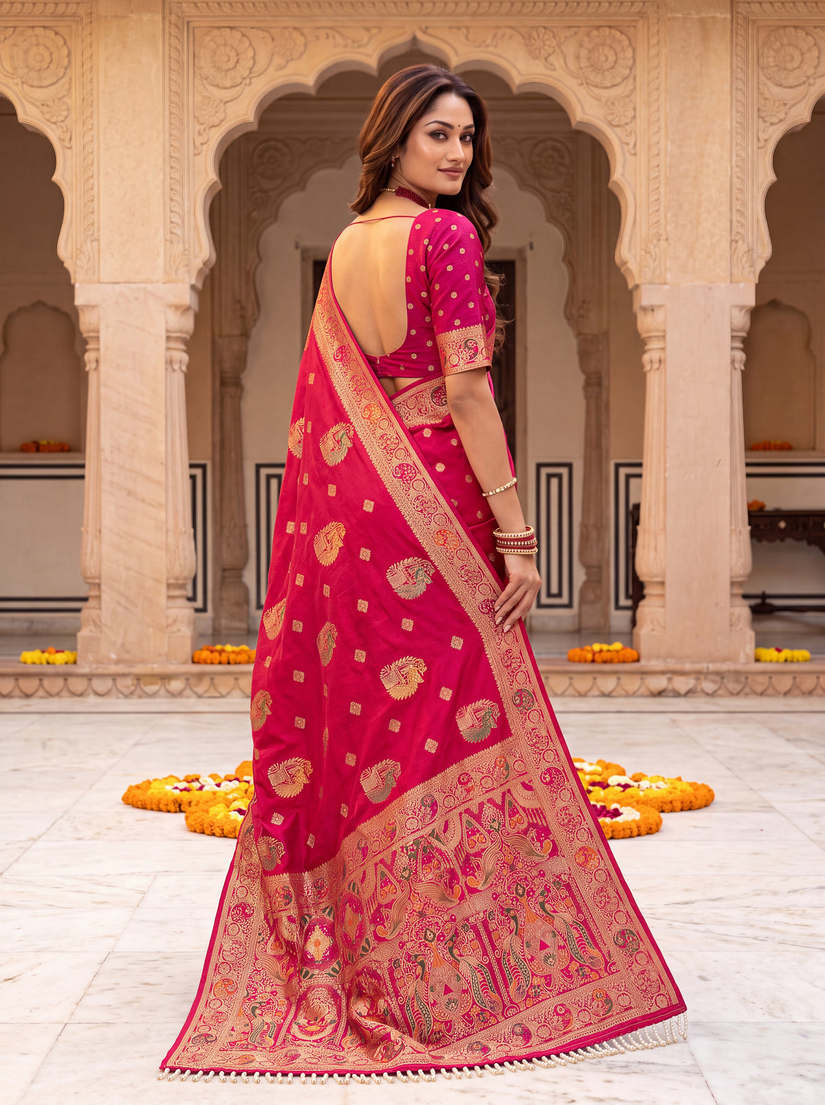 Royal Cherry Banarasi Silk Collectio Saree – Designer Festiven