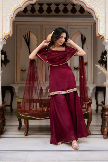 Wine Maroon Sharara Suit Set with Dupatta for Women – Festive Ethnic Wear