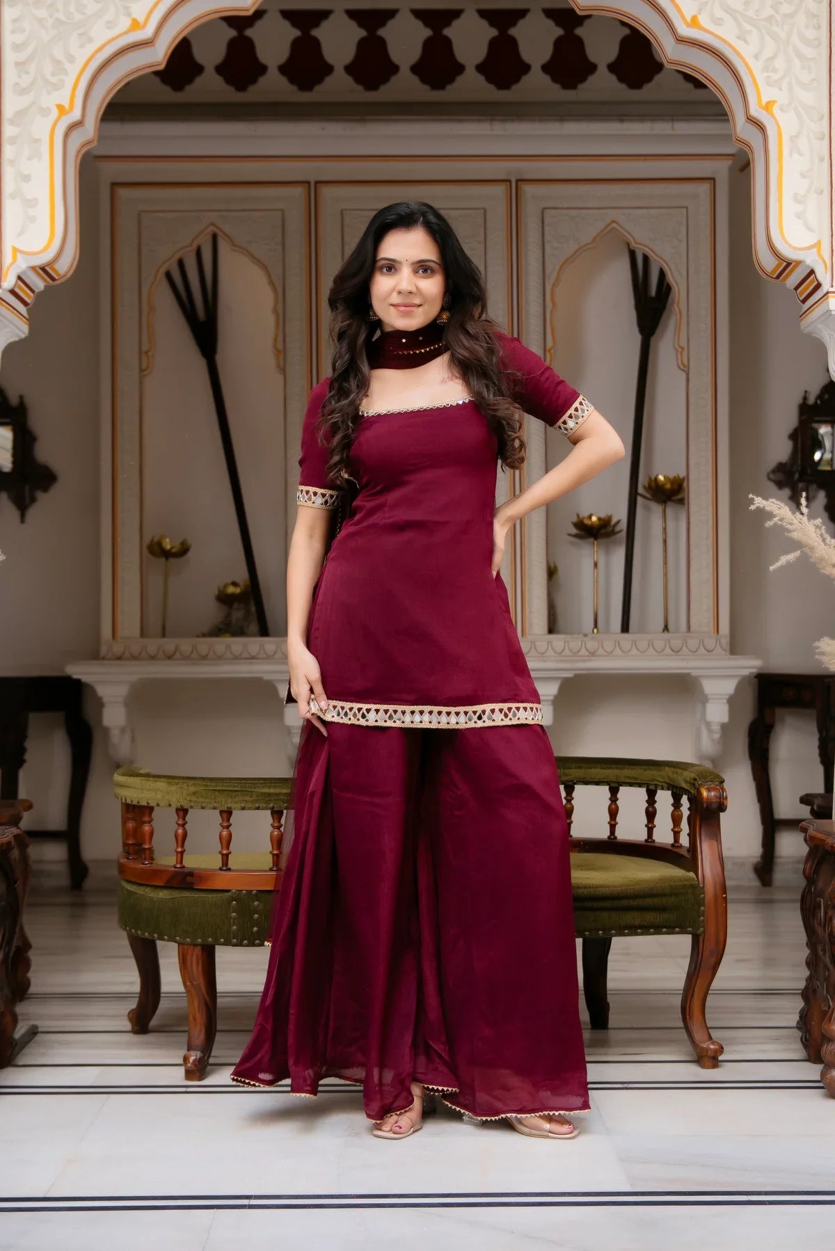 Wine Maroon Sharara Suit Set with Dupatta for Women – Festive Ethnic Wear