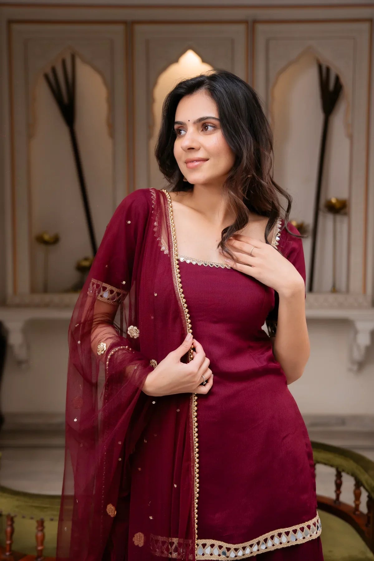 Wine Maroon Sharara Suit Set with Dupatta for Women – Festive Ethnic Wear