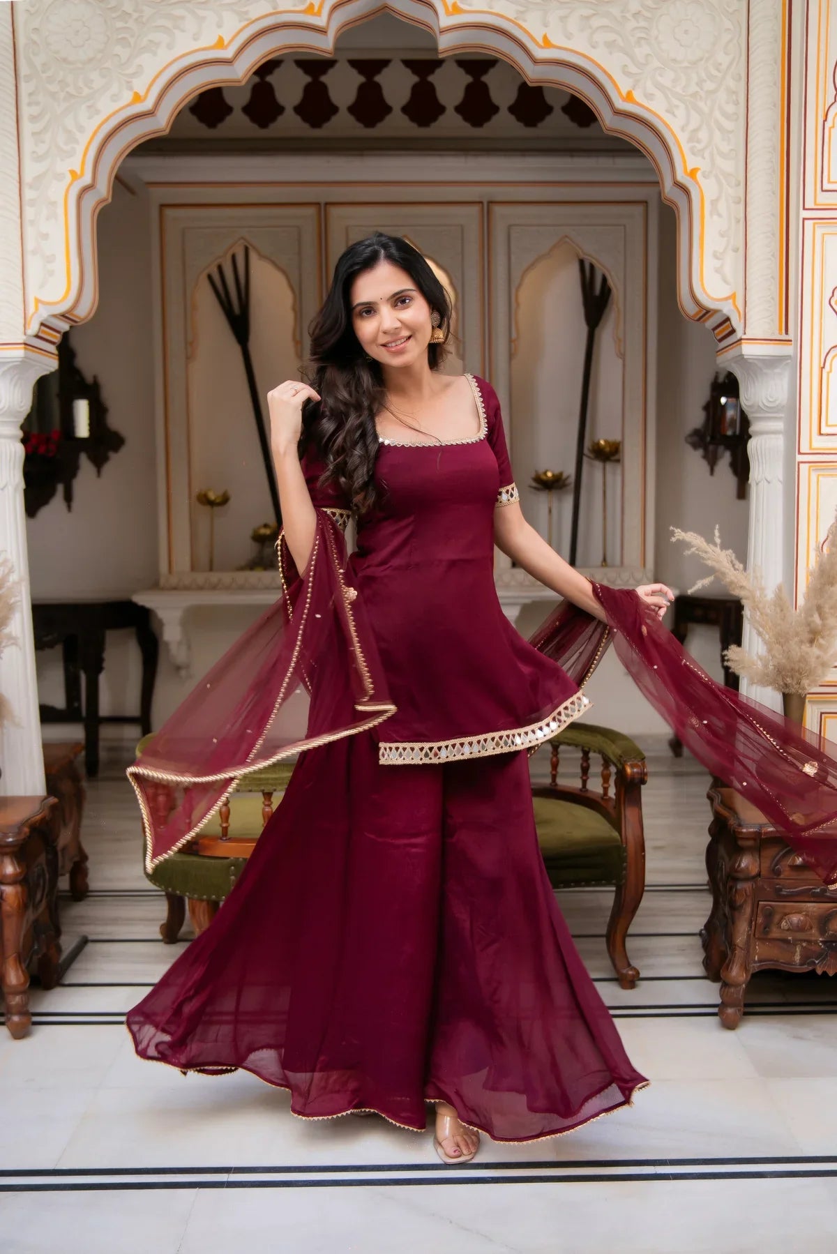 Wine Maroon Sharara Suit Set with Dupatta for Women – Festive Ethnic Wear