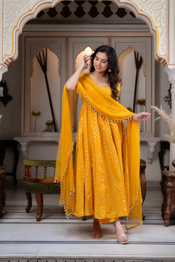 Women's Mustard Yellow Flared Anarkali Kurta Set with Dupatta