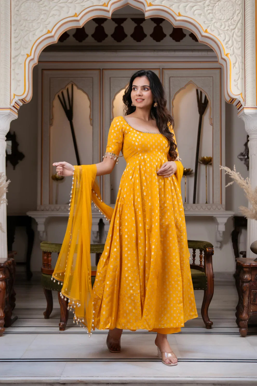 Women's Mustard Yellow Flared Anarkali Kurta Set with Dupatta