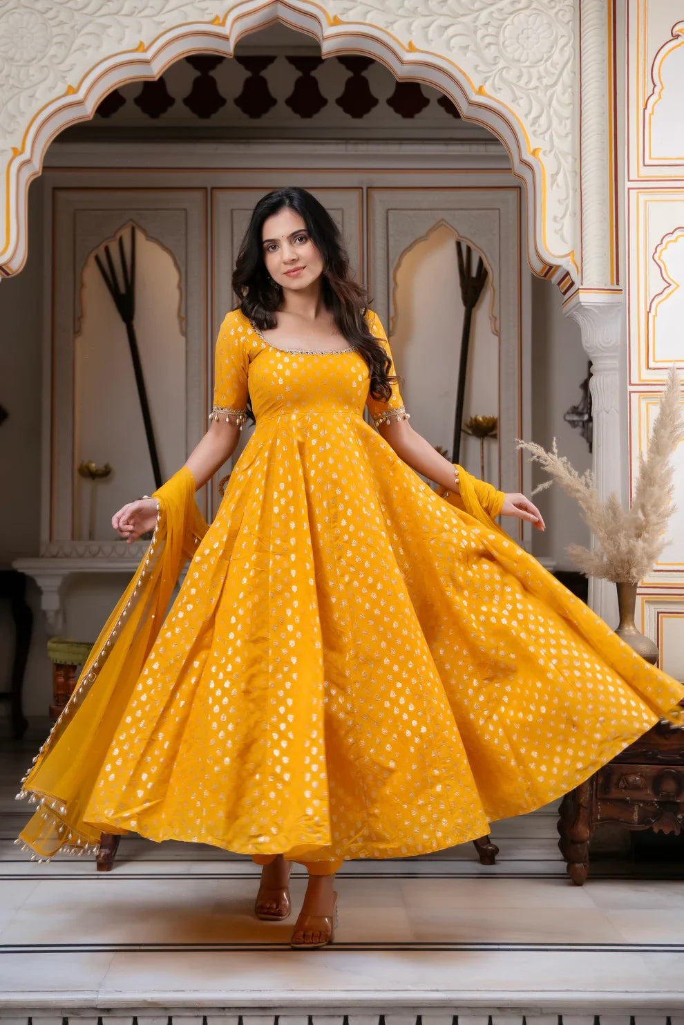 Women's Mustard Yellow Flared Anarkali Kurta Set with Dupatta