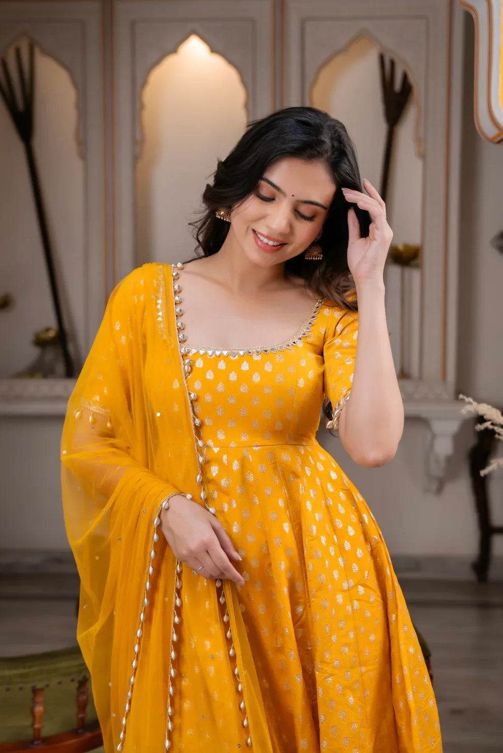 Women's Mustard Yellow Flared Anarkali Kurta Set with Dupatta