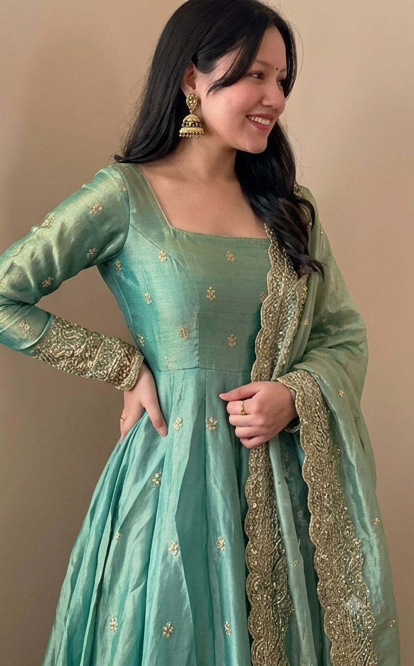 Elegant Sea Green Tissue Silk Anarkali Suit Set for Wedding & Festive Wear