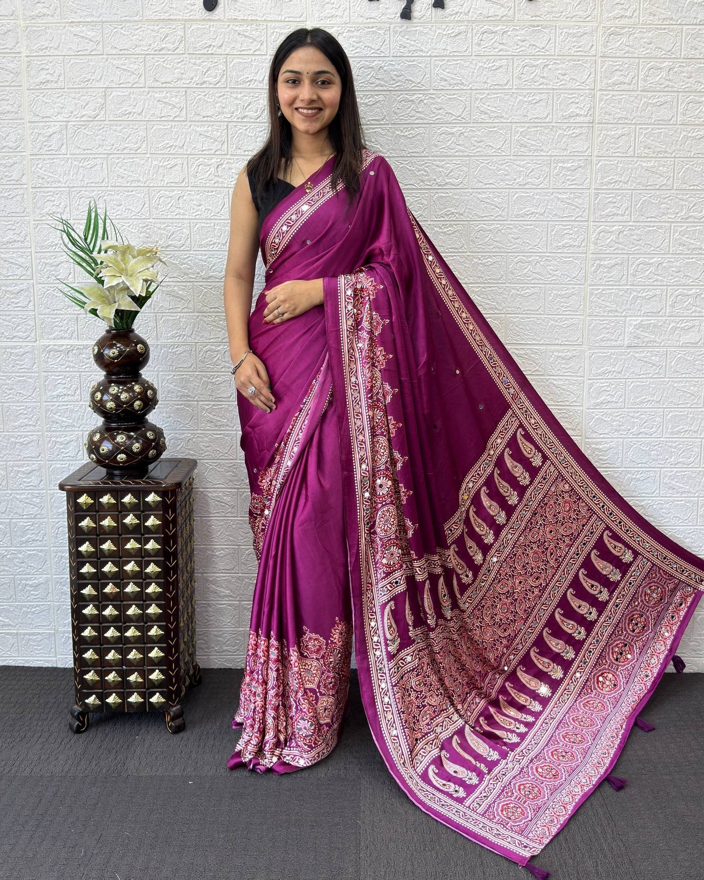 Royal Magenta Modal Silk Saree with Heritage Paisley Pallu, Ornamental Border & Traditional Ethnic Print
