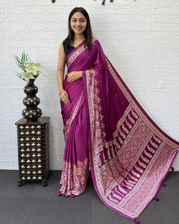 Royal Magenta Modal Silk Saree with Heritage Paisley Pallu, Ornamental Border & Traditional Ethnic Print