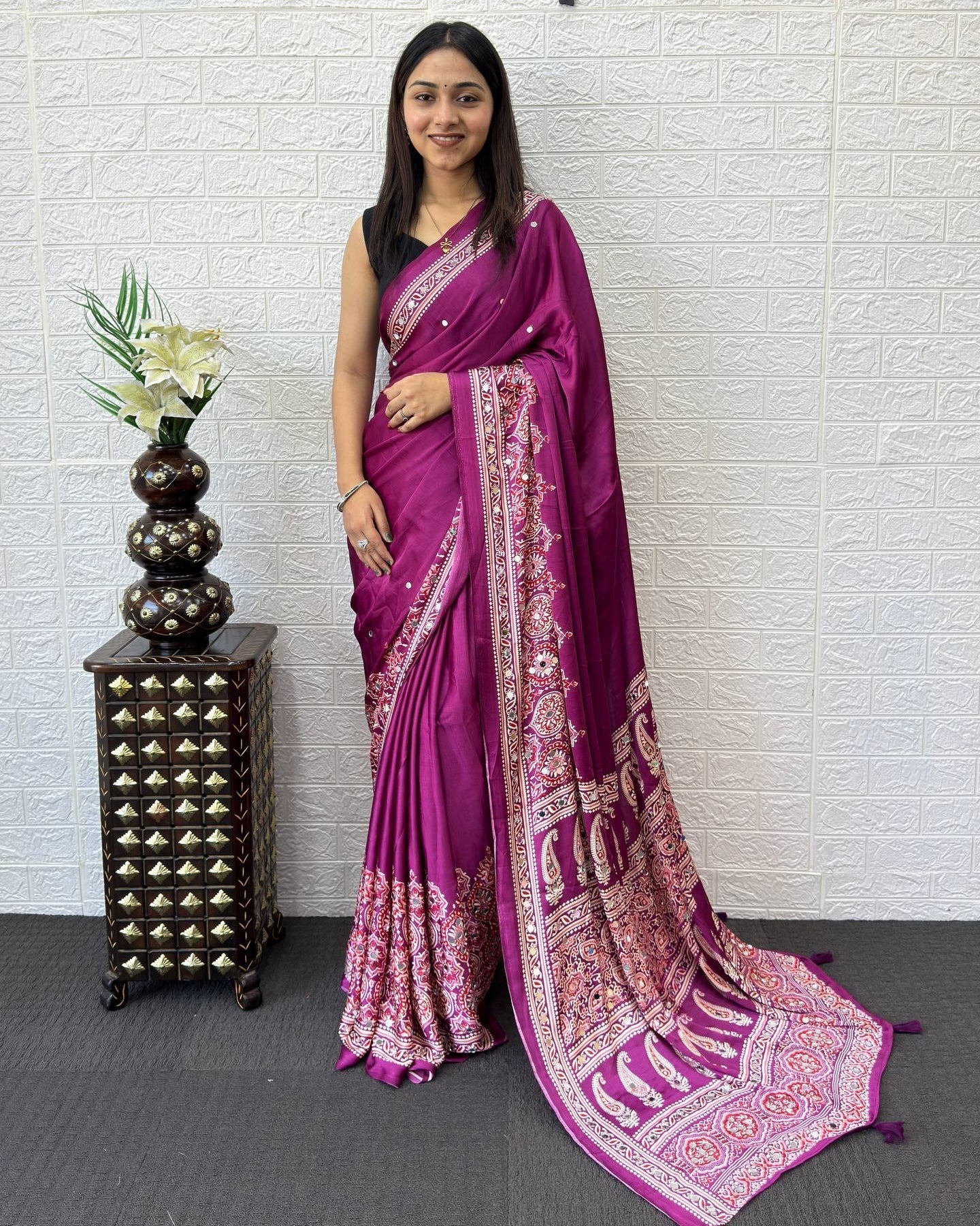 Royal Magenta Modal Silk Saree with Heritage Paisley Pallu, Ornamental Border & Traditional Ethnic Print