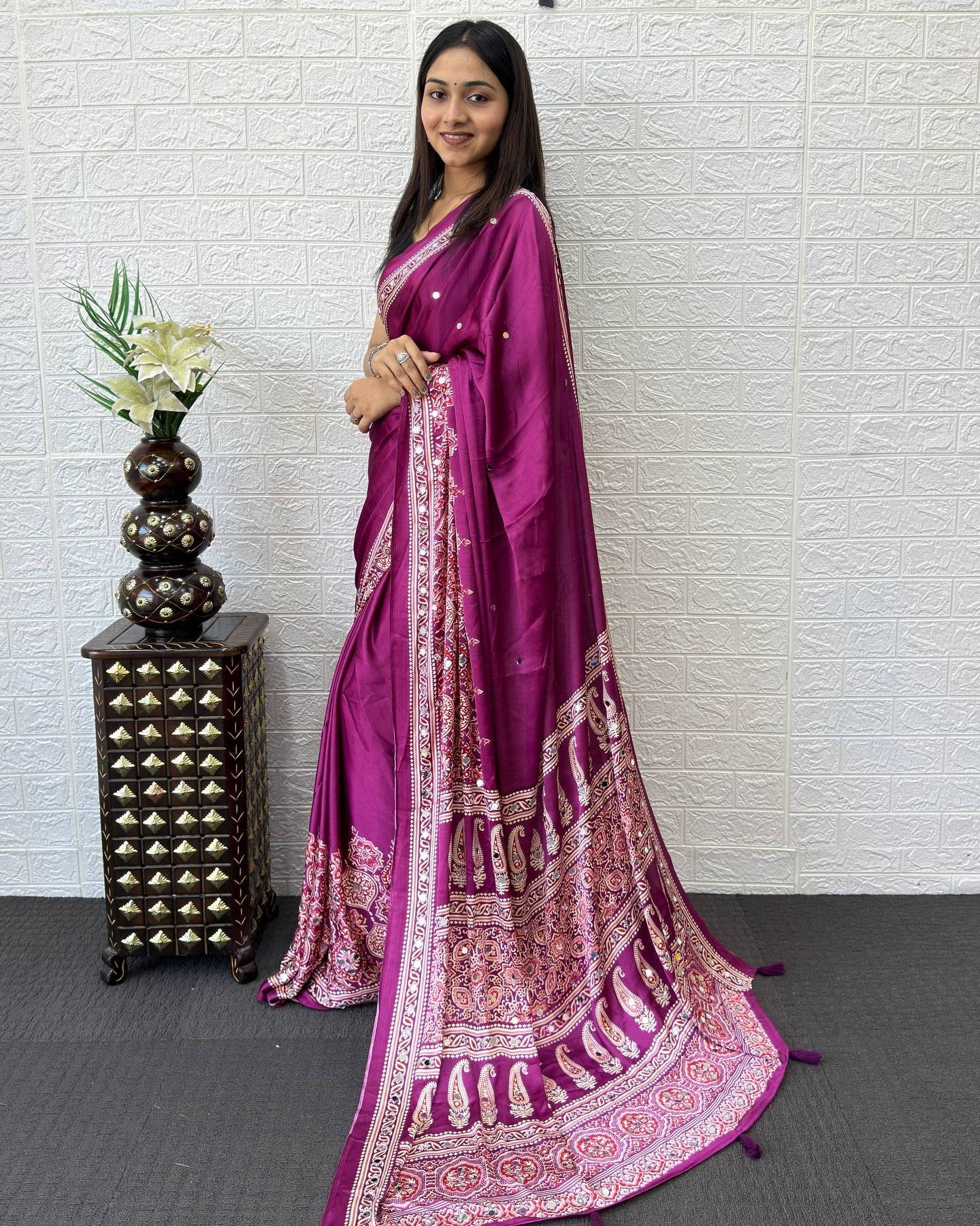 Royal Magenta Modal Silk Saree with Heritage Paisley Pallu, Ornamental Border & Traditional Ethnic Print