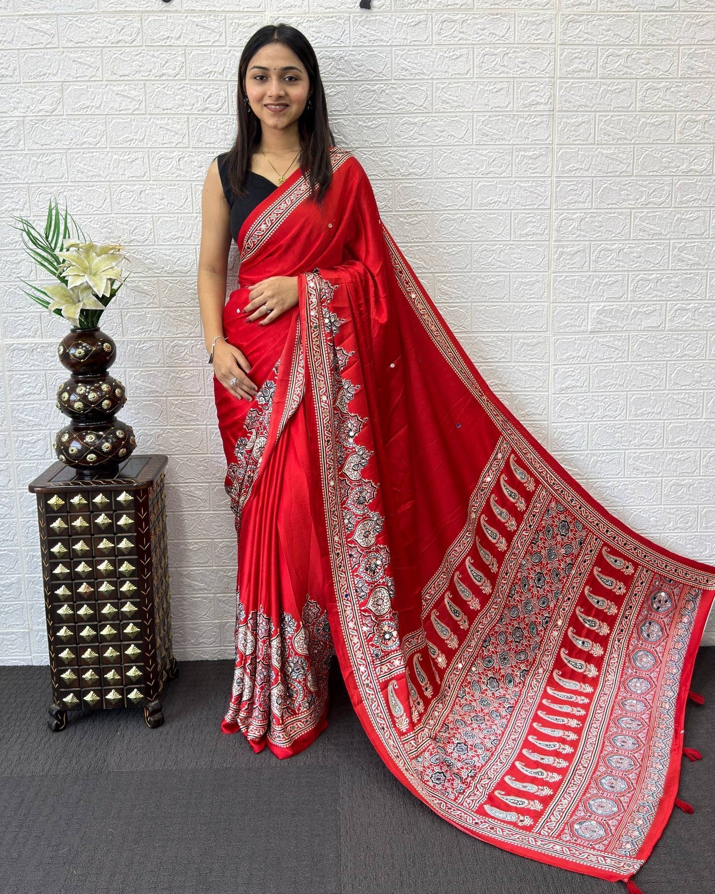 Ruby Red Modal Silk Saree with Heritage Paisley Pallu, Intricate Floral Border & Traditional Ethnic Prints