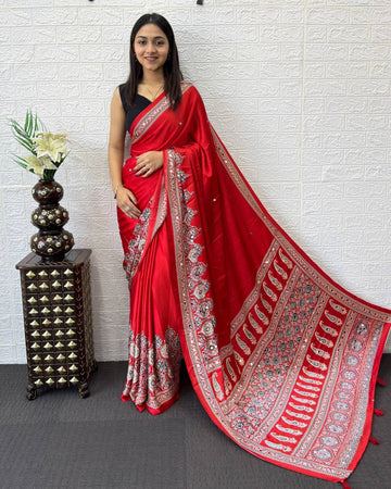 Ruby Red Modal Silk Saree with Heritage Paisley Pallu, Intricate Floral Border & Traditional Ethnic Prints