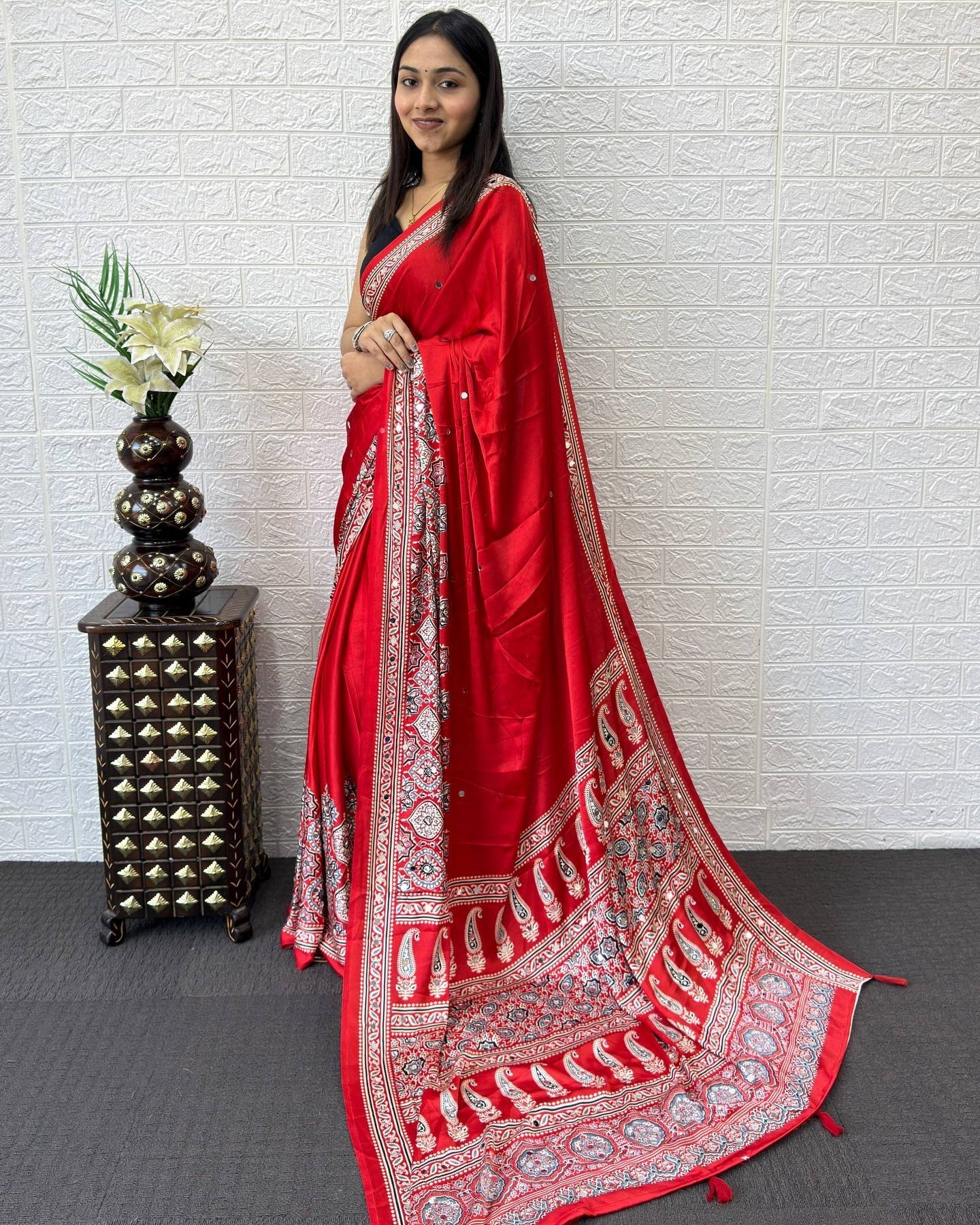 Ruby Red Modal Silk Saree with Heritage Paisley Pallu, Intricate Floral Border & Traditional Ethnic Prints