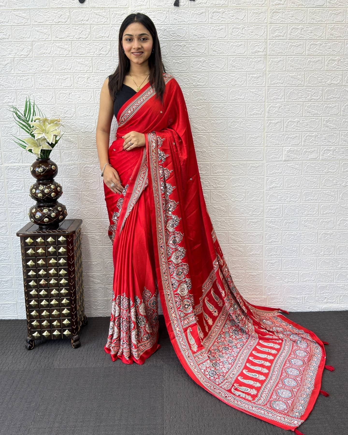 Ruby Red Modal Silk Saree with Heritage Paisley Pallu, Intricate Floral Border & Traditional Ethnic Prints