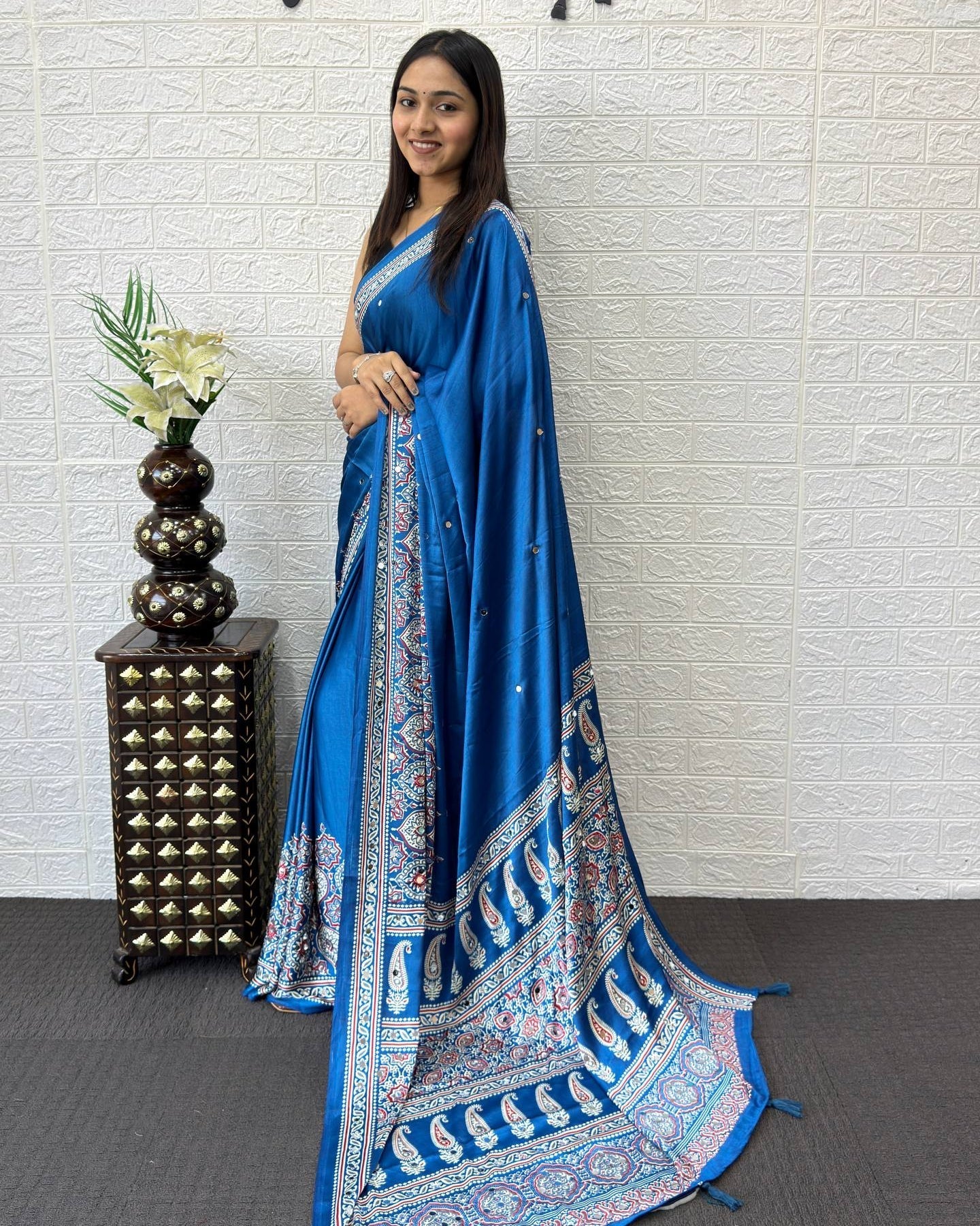 Royal Blue Modal Silk Saree with Heritage Paisley Pallu, Floral Border & Traditional Ethnic Prints