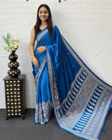Royal Blue Modal Silk Saree with Heritage Paisley Pallu, Floral Border & Traditional Ethnic Prints