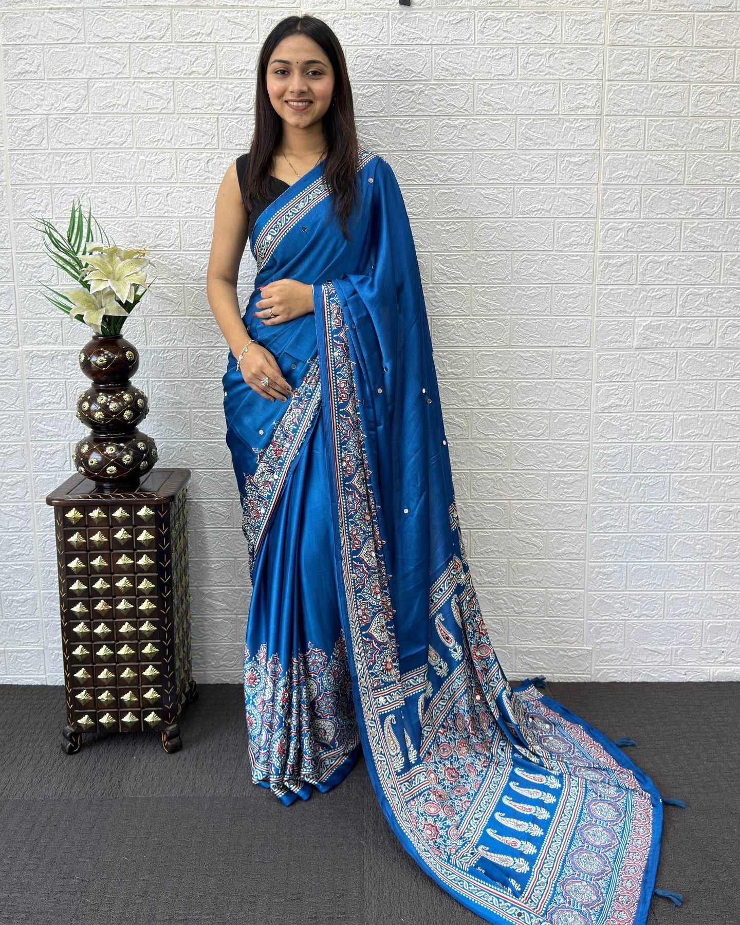Royal Blue Modal Silk Saree with Heritage Paisley Pallu, Floral Border & Traditional Ethnic Prints
