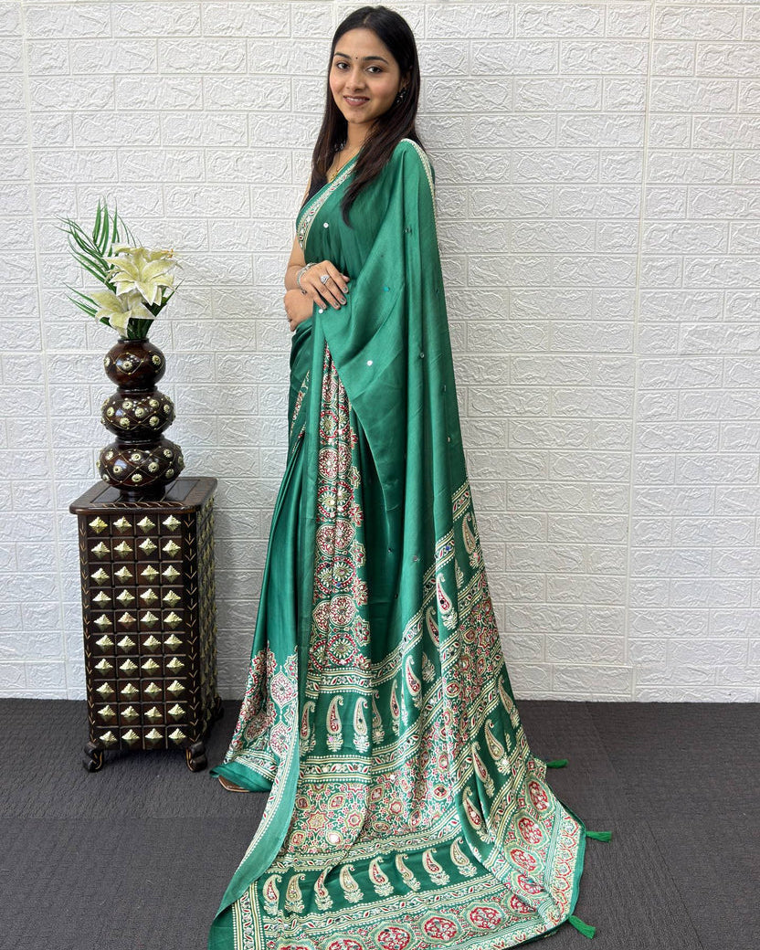 Emerald Green Modal Silk Saree with Traditional Paisley Pallu, Floral Border & Elegant Ethnic Prints