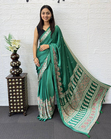 Emerald Green Modal Silk Saree with Traditional Paisley Pallu, Floral Border & Elegant Ethnic Prints