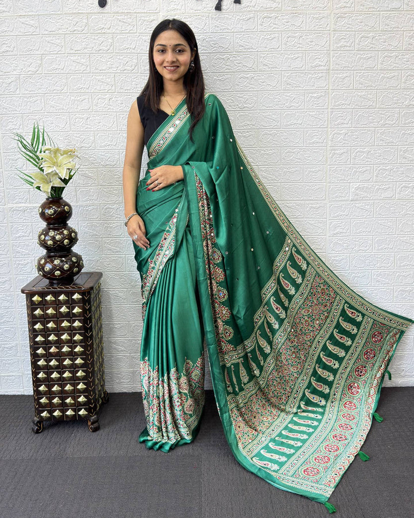 Emerald Green Modal Silk Saree with Traditional Paisley Pallu, Floral Border & Elegant Ethnic Prints