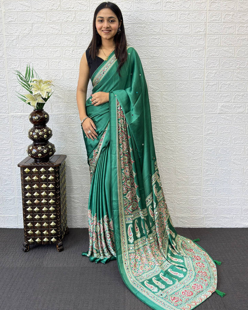 Emerald Green Modal Silk Saree with Traditional Paisley Pallu, Floral Border & Elegant Ethnic Prints