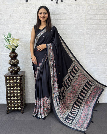 Classic Black Modal Silk Saree with Paisley Designer Pallu, Intricate Floral Border & Traditional Ethnic Print