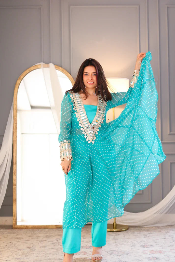 Anarkali Suit Set Designer Mirror Work -Georgette Fabric | Available in Mehendi Green, Royal Blue, Black  & Wine Purple