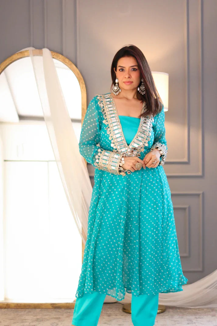 Anarkali Suit Set Designer Mirror Work -Georgette Fabric | Available in Mehendi Green, Royal Blue, Black  & Wine Purple