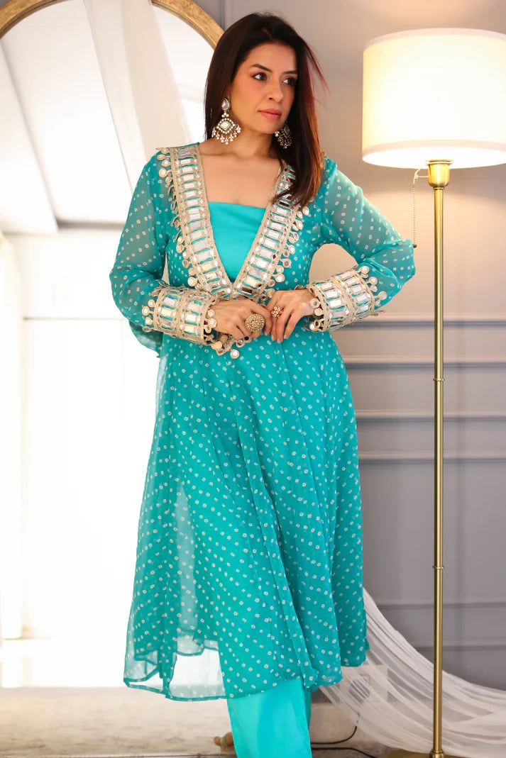 Anarkali Suit Set Designer Mirror Work -Georgette Fabric | Available in Mehendi Green, Royal Blue, Black  & Wine Purple