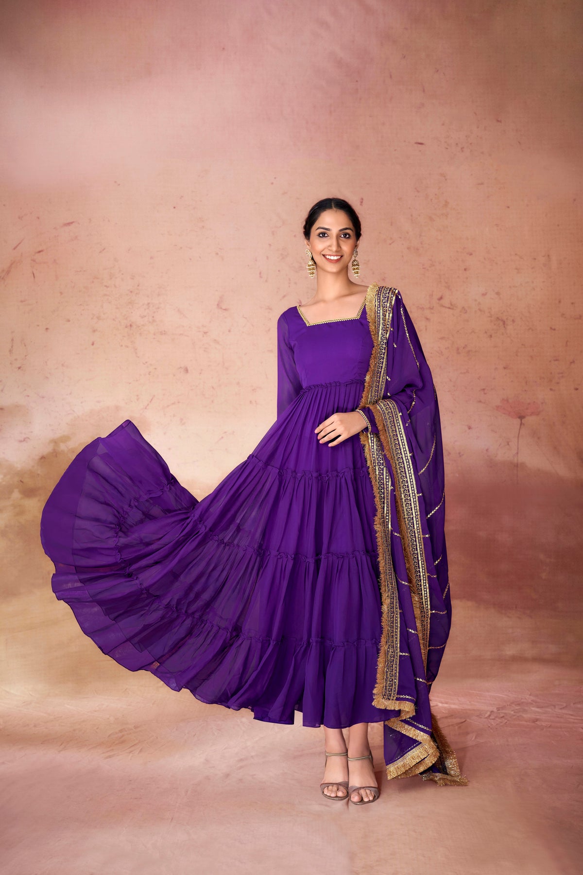 Luxury Faux Georgette 16 Meter Flair Gown with Ruffle Detailing & Sequins Dupatta