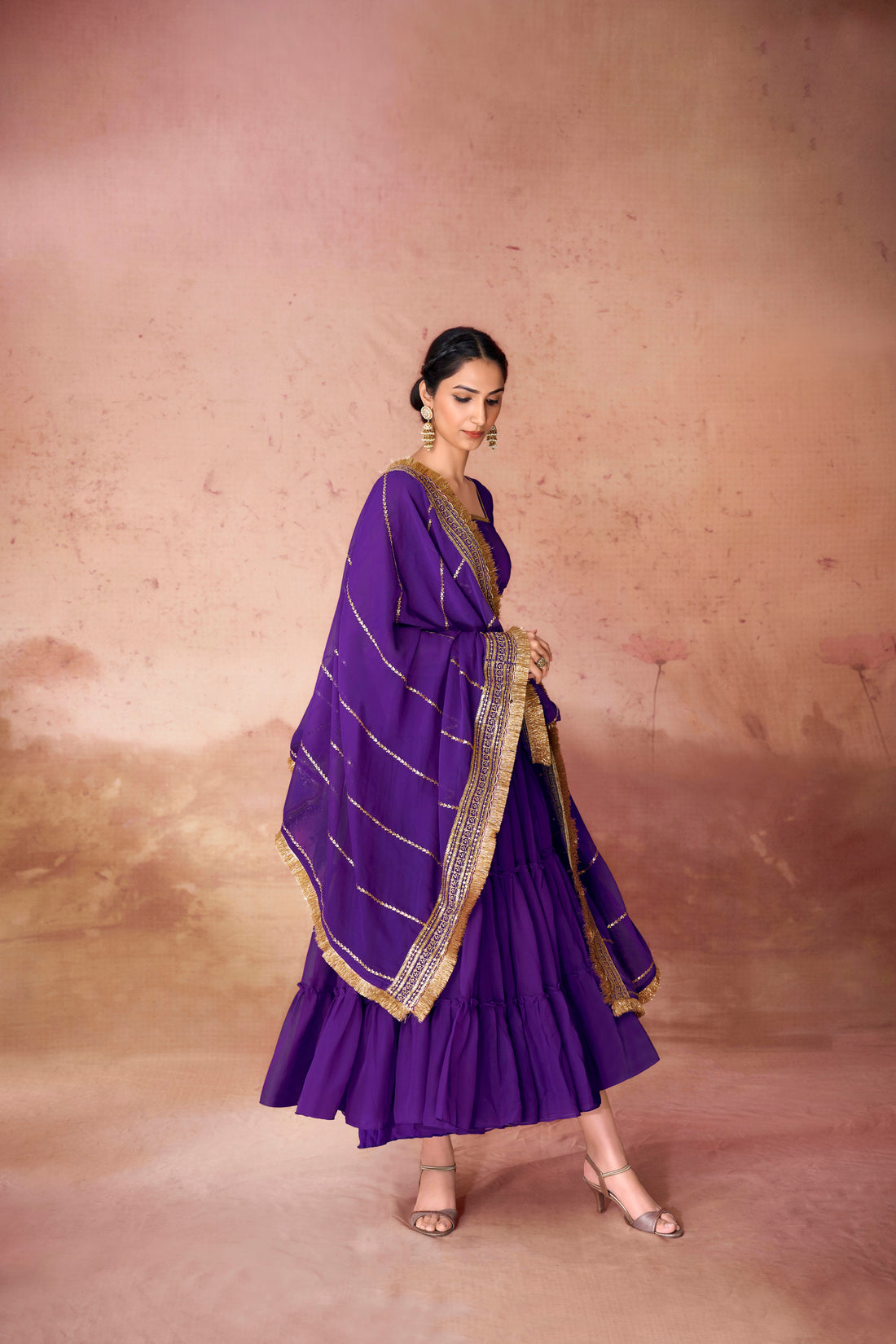 Luxury Faux Georgette 16 Meter Flair Gown with Ruffle Detailing & Sequins Dupatta