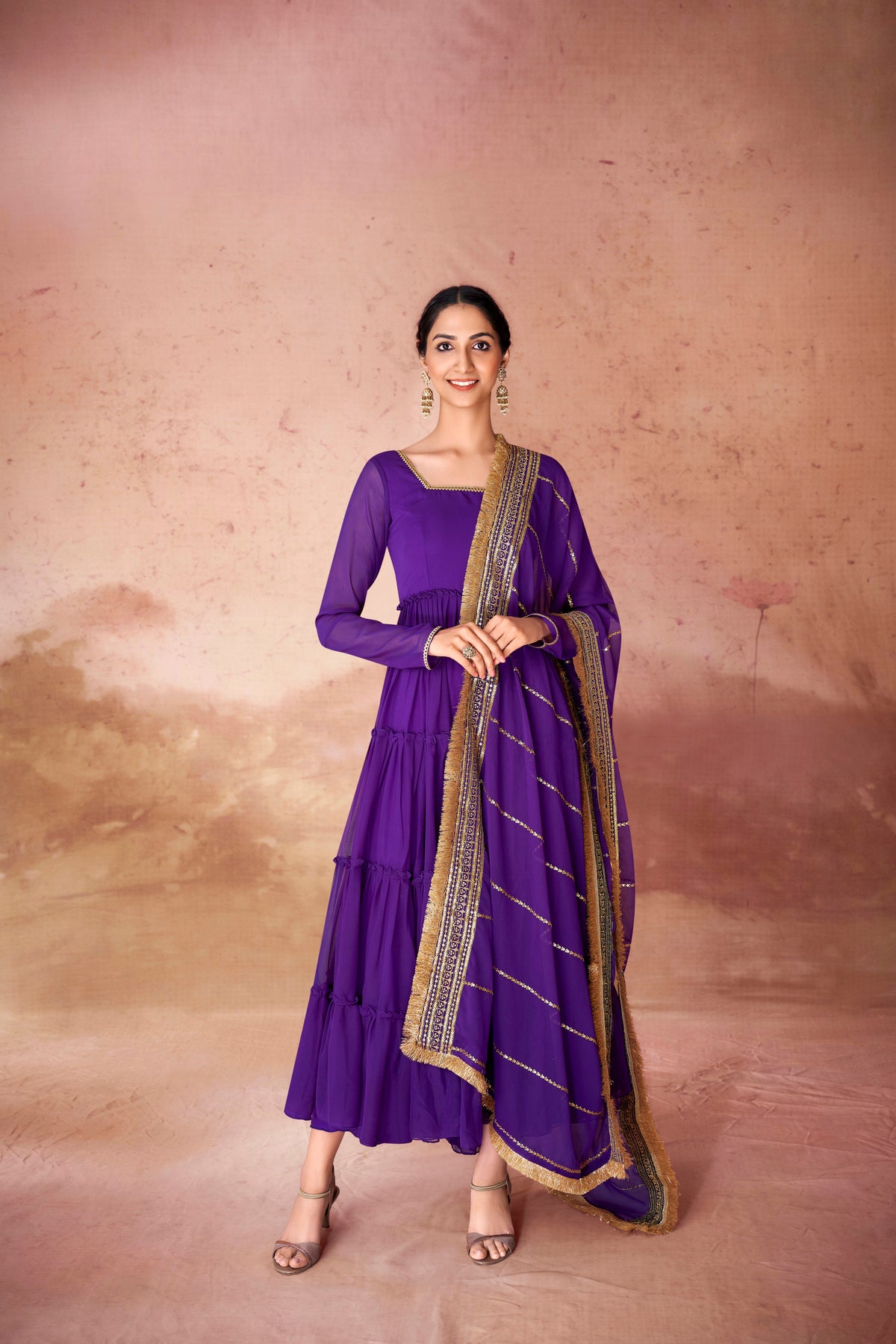 Luxury Faux Georgette 16 Meter Flair Gown with Ruffle Detailing & Sequins Dupatta